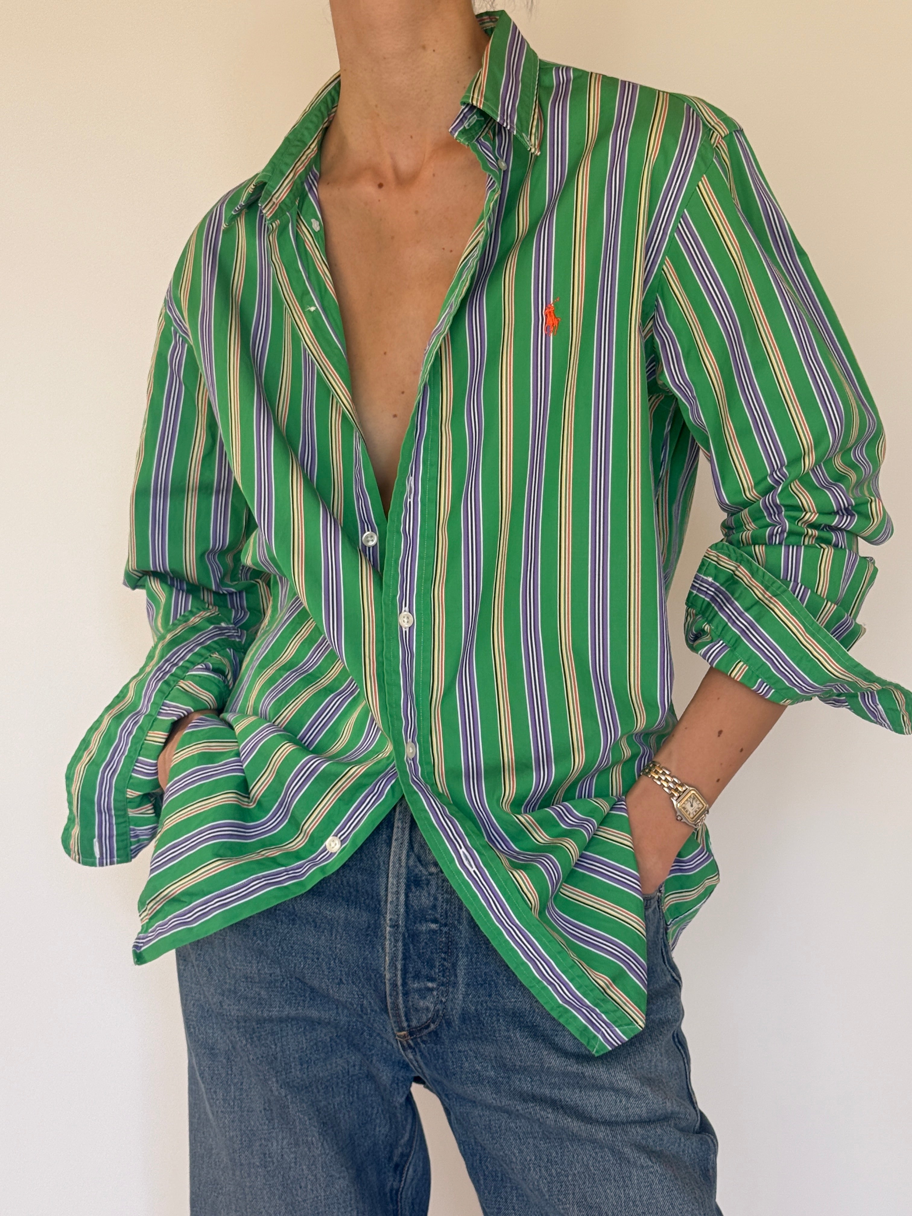 Vintage Polo Ralph Lauren green striped shirt collar detail