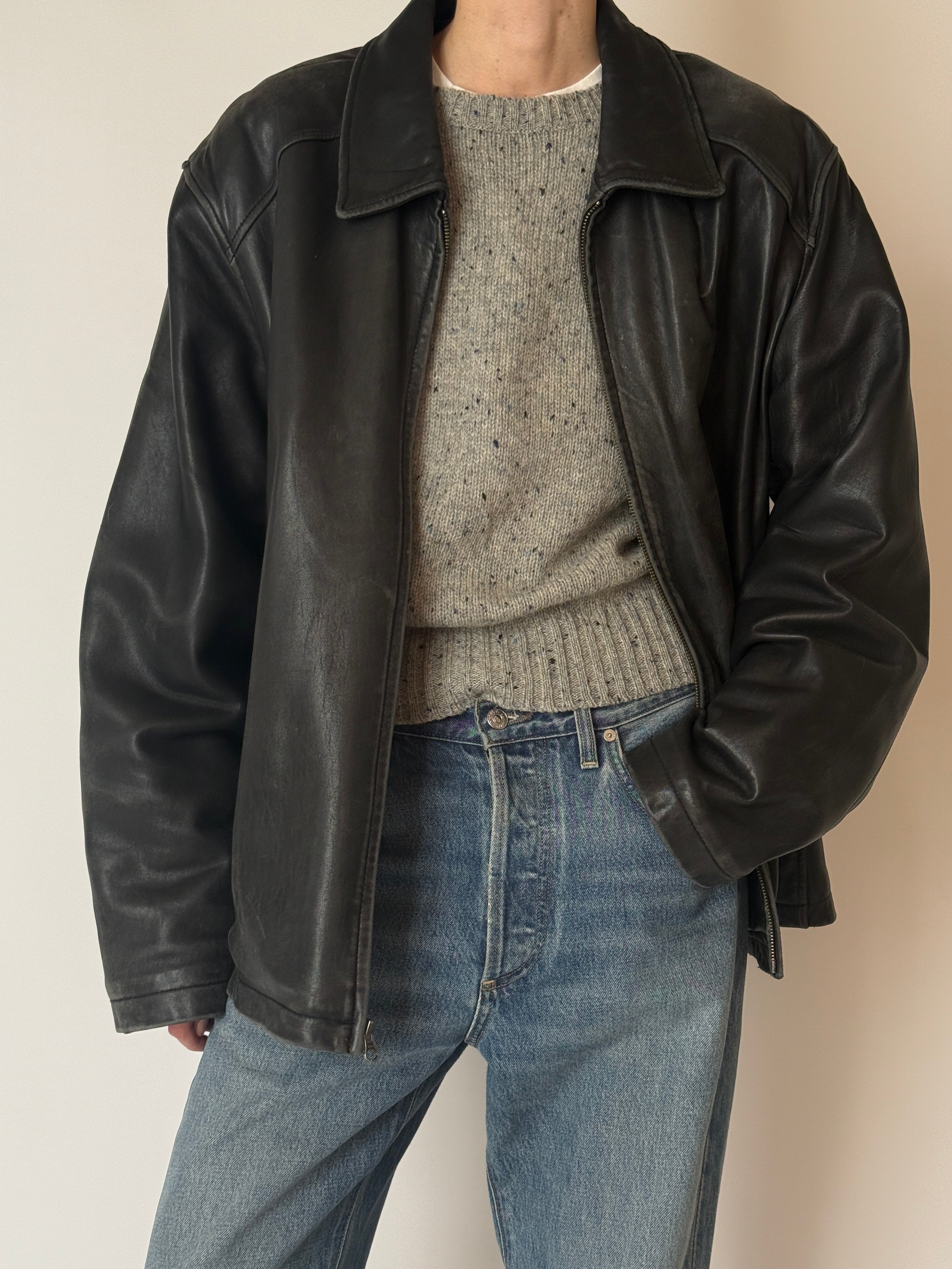 Soft black leather jacket with front pockets