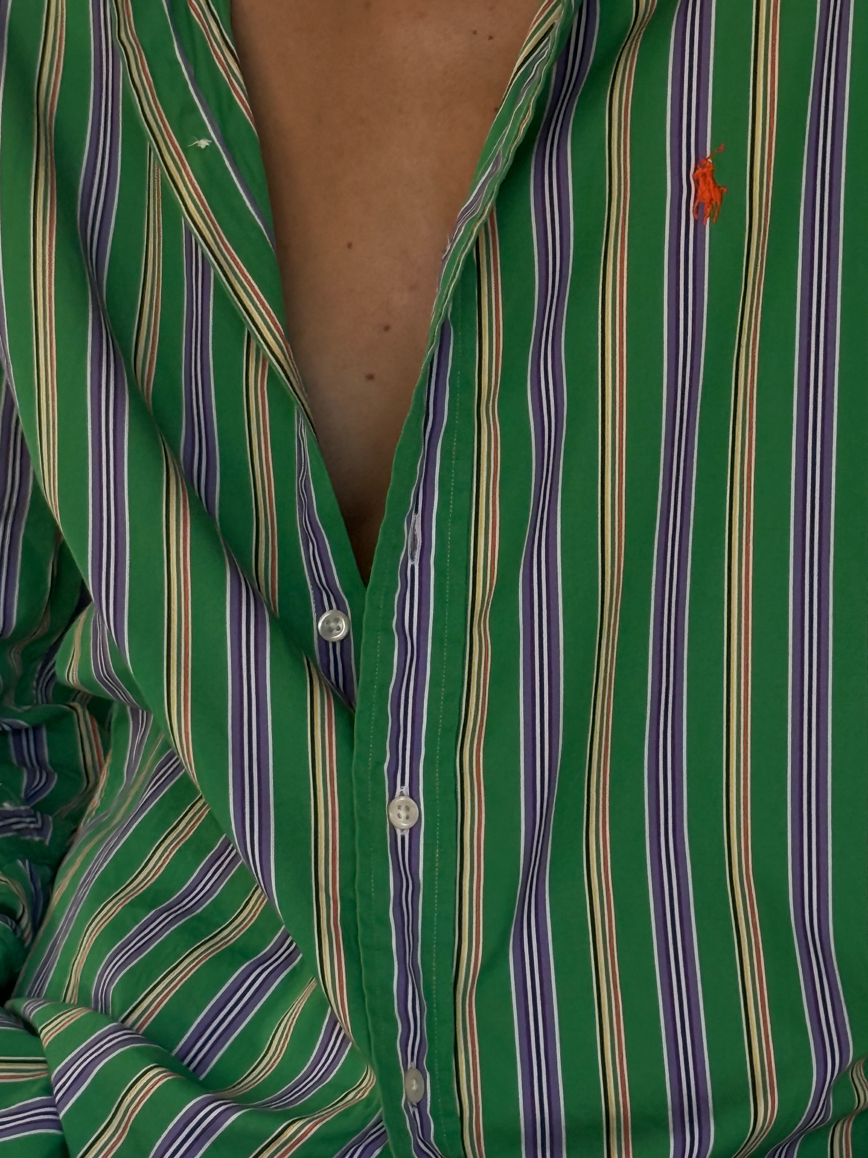 Vintage Polo Ralph Lauren green striped shirt fabric detail close-up