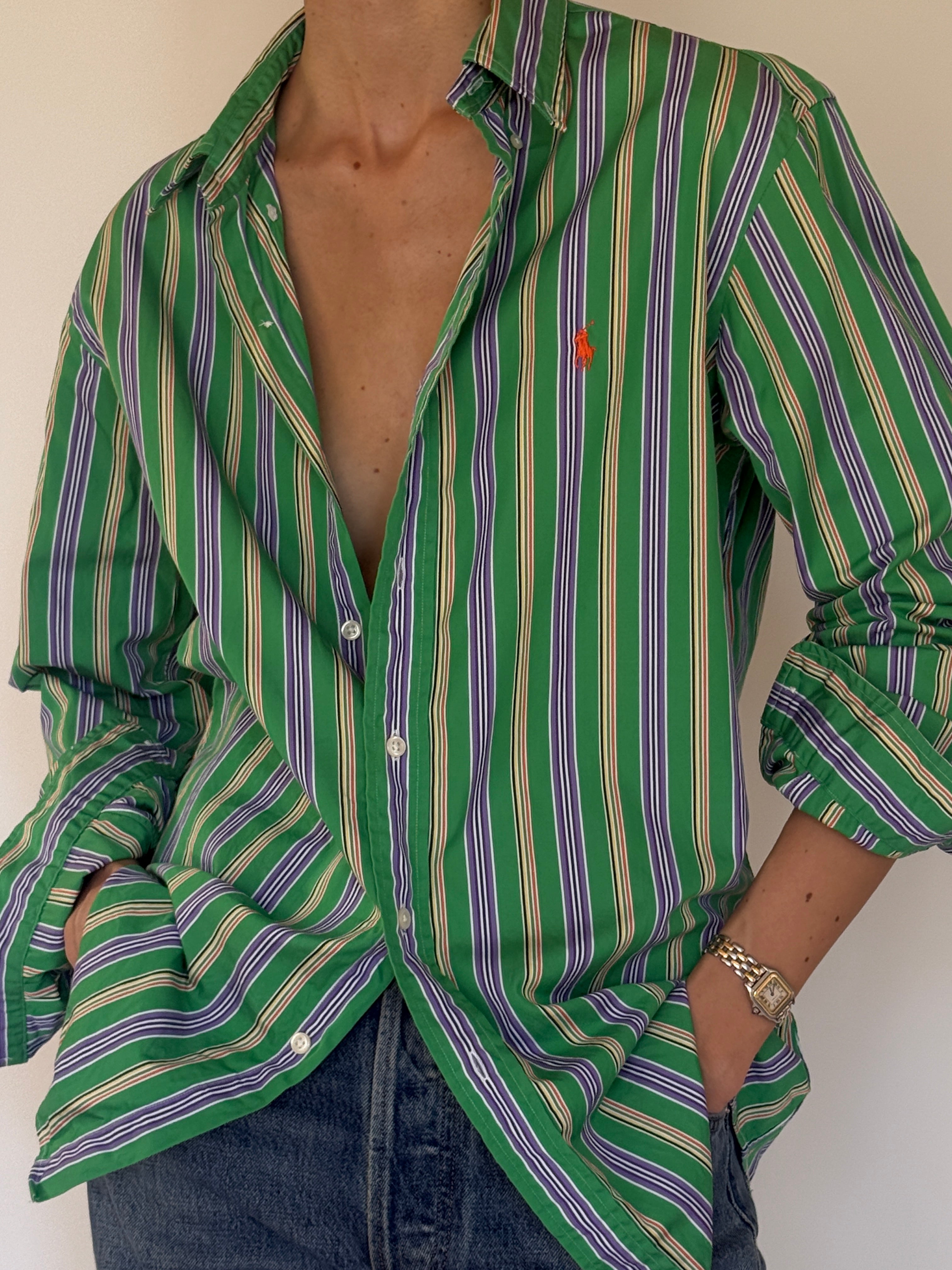 Vintage Polo Ralph Lauren green striped shirt front view