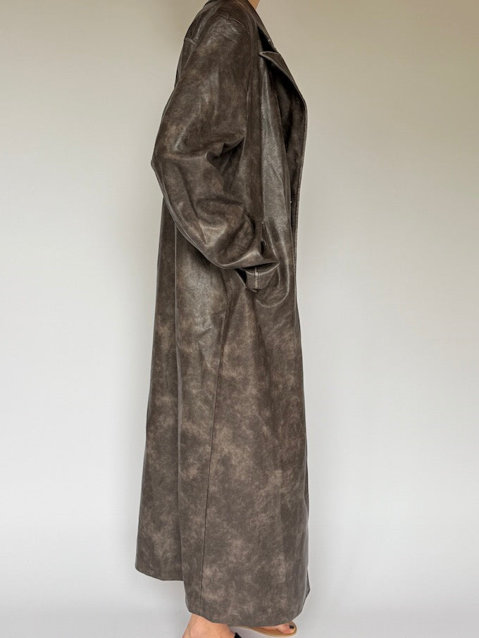 Vintage long faux leather coat brown