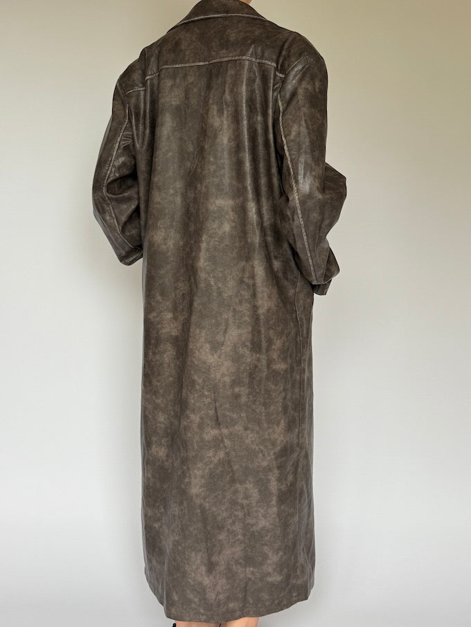 Vintage long faux leather coat brown
