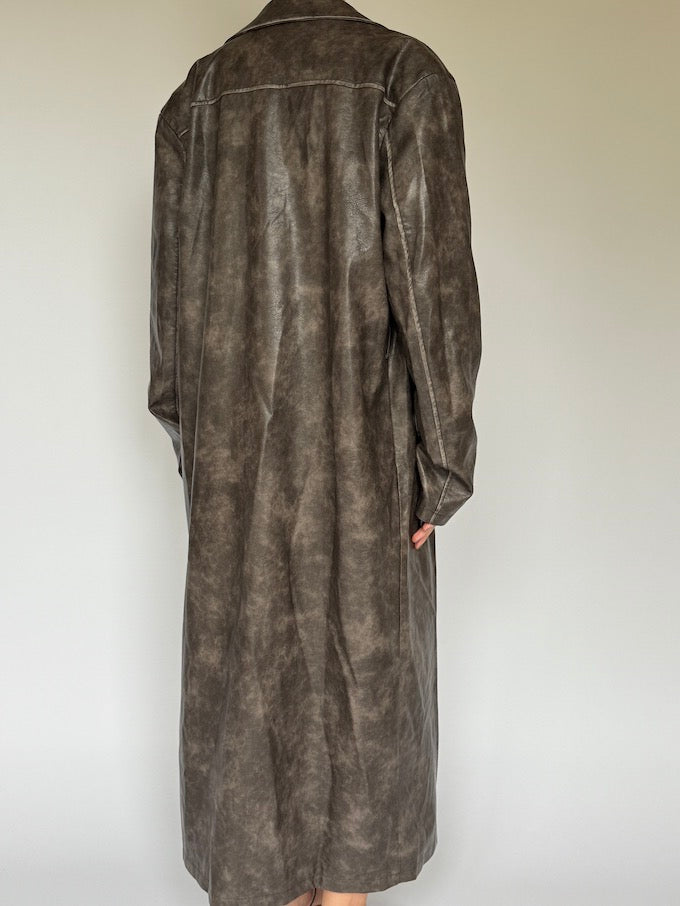 Vintage long faux leather coat brown