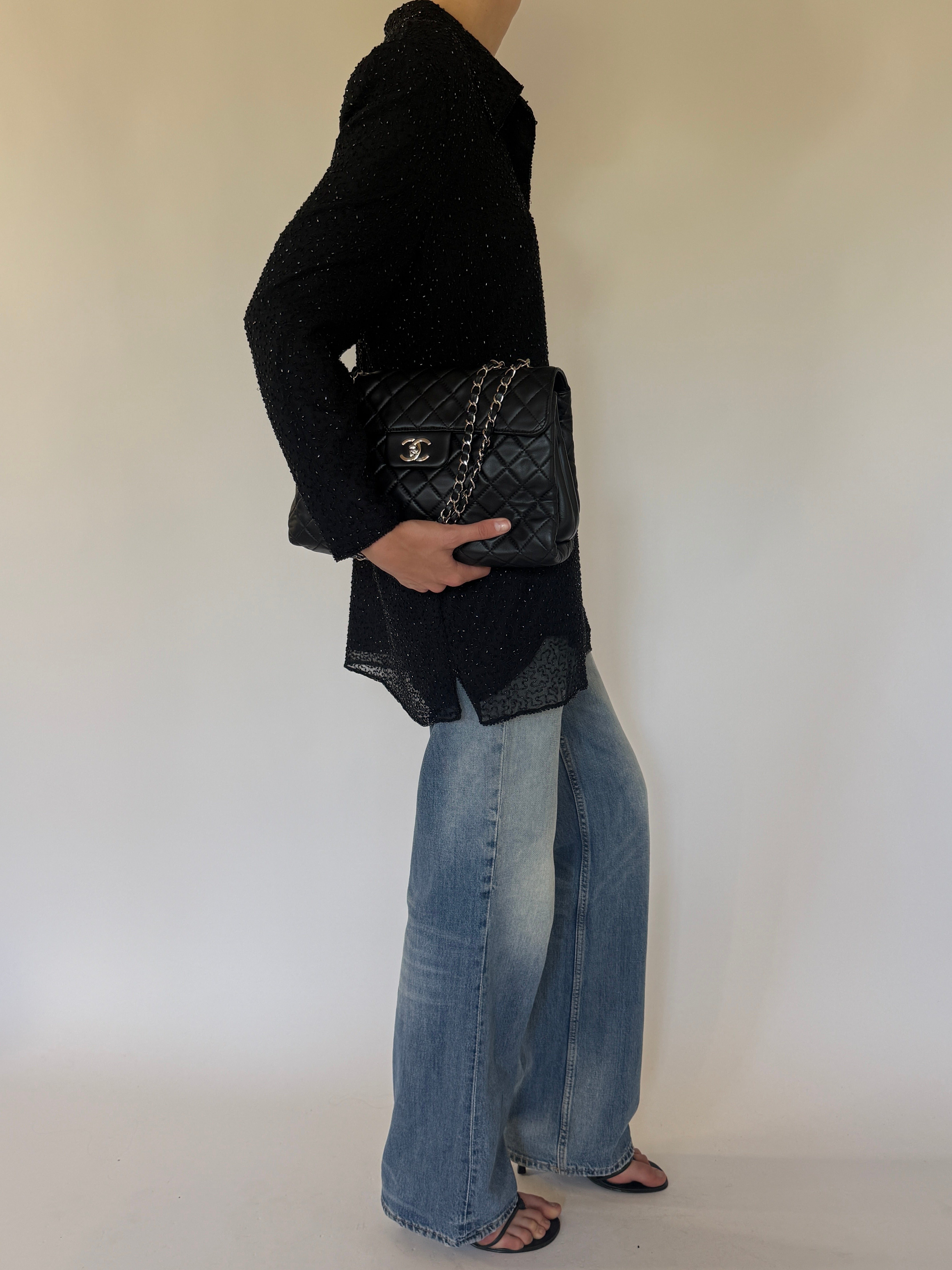 Vintage black beaded silk tunic shirt side view