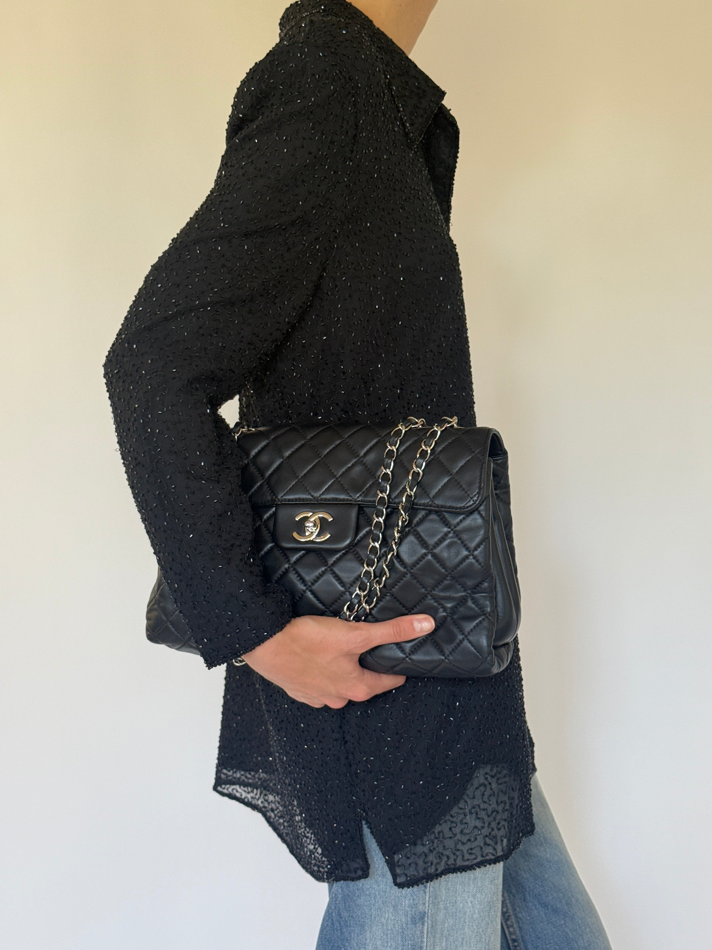 Vintage black beaded silk tunic shirt side view
