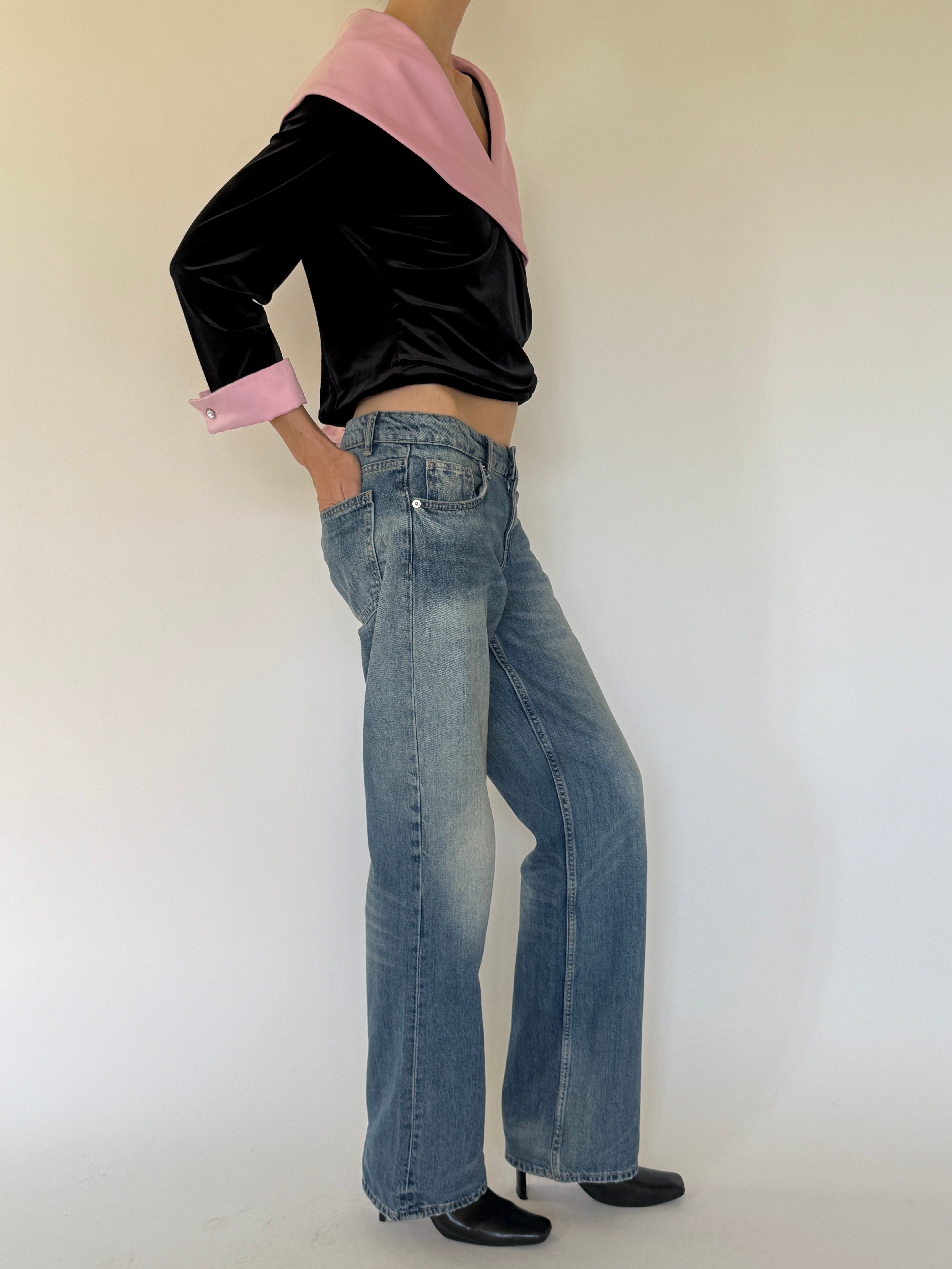 Vintage black velvet off-the-shoulder top side view