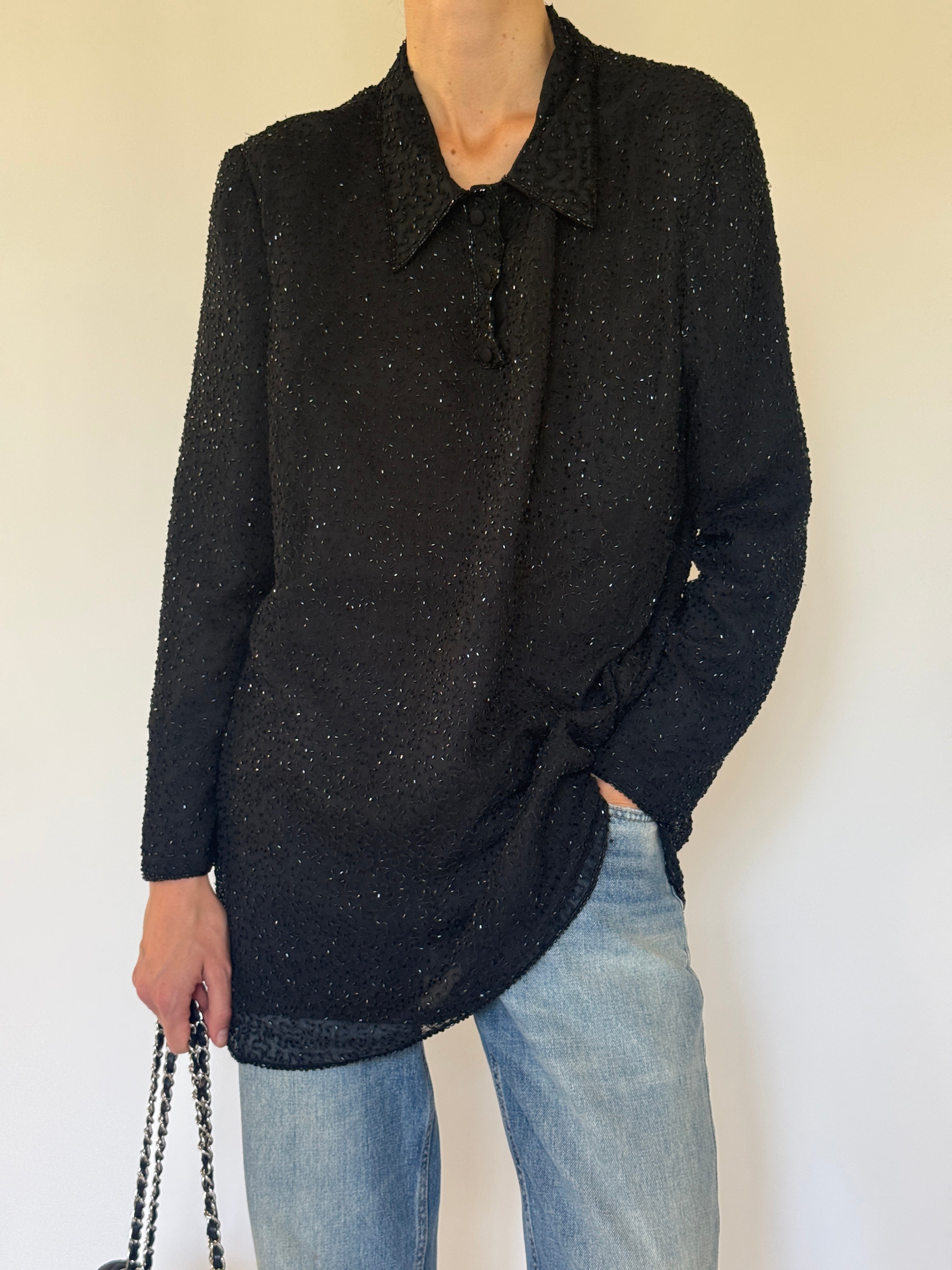 Vintage black beaded silk tunic shirt front view