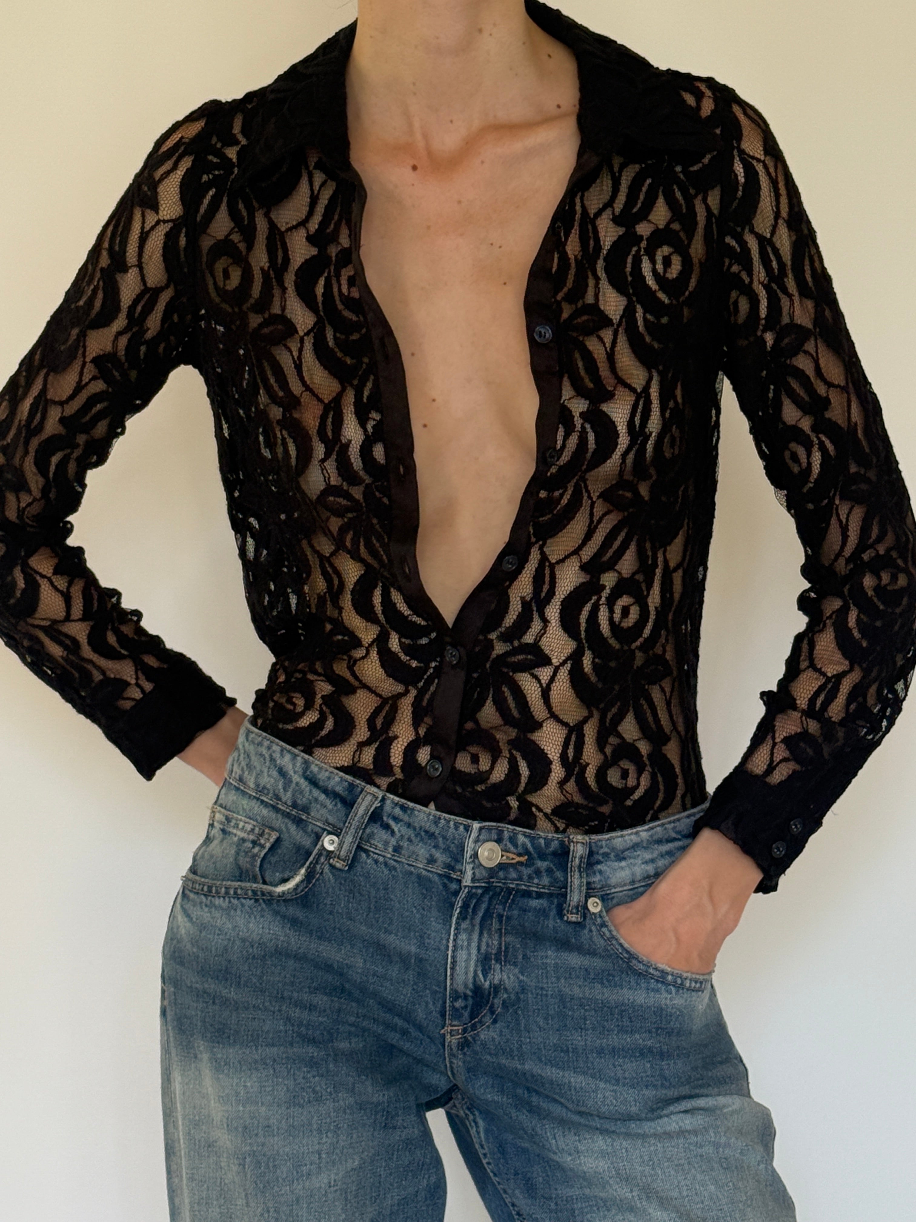 Vintage black sheer lace blouse front view