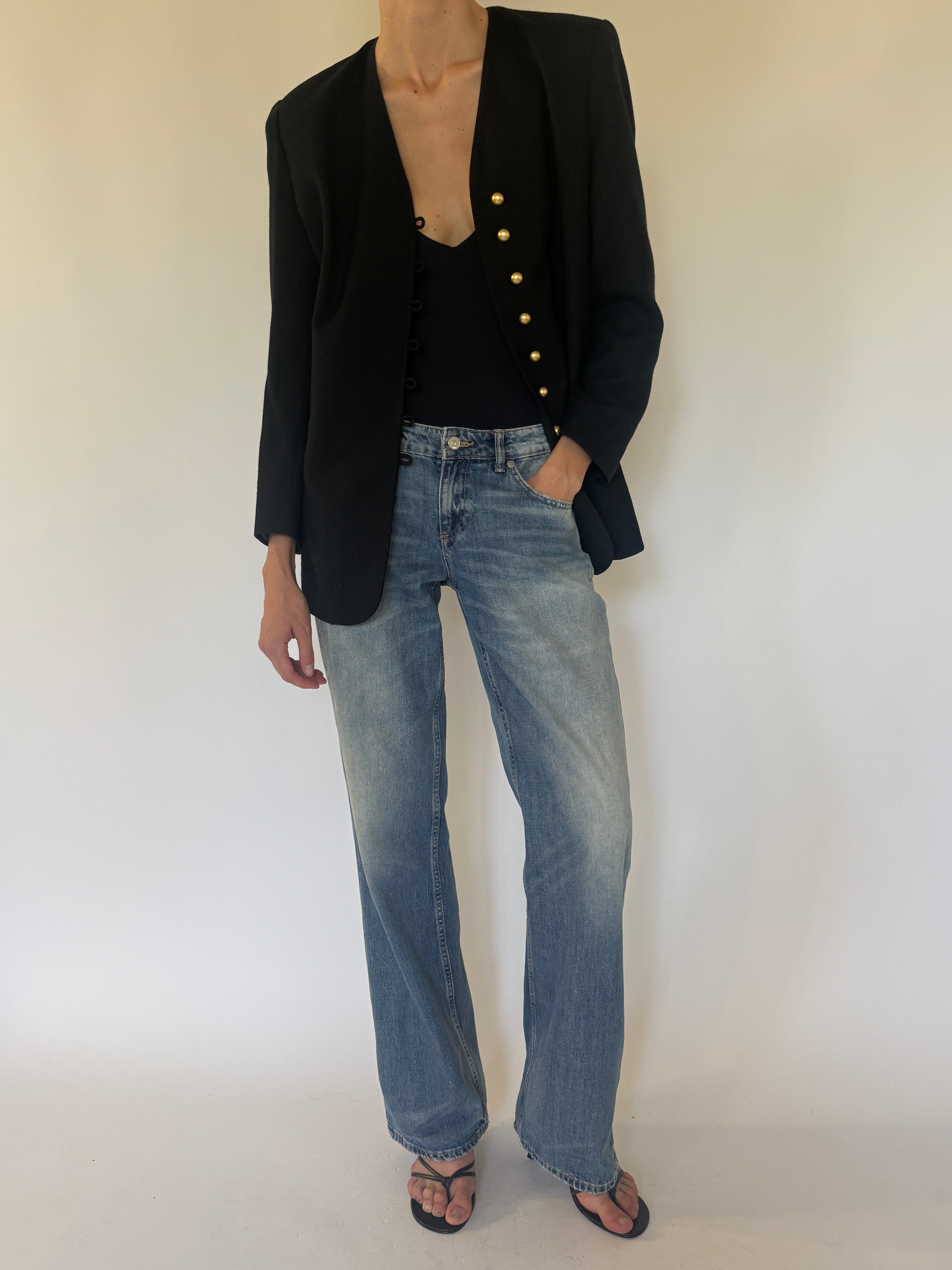 Vintage Adolfo black gold button blazer front view.