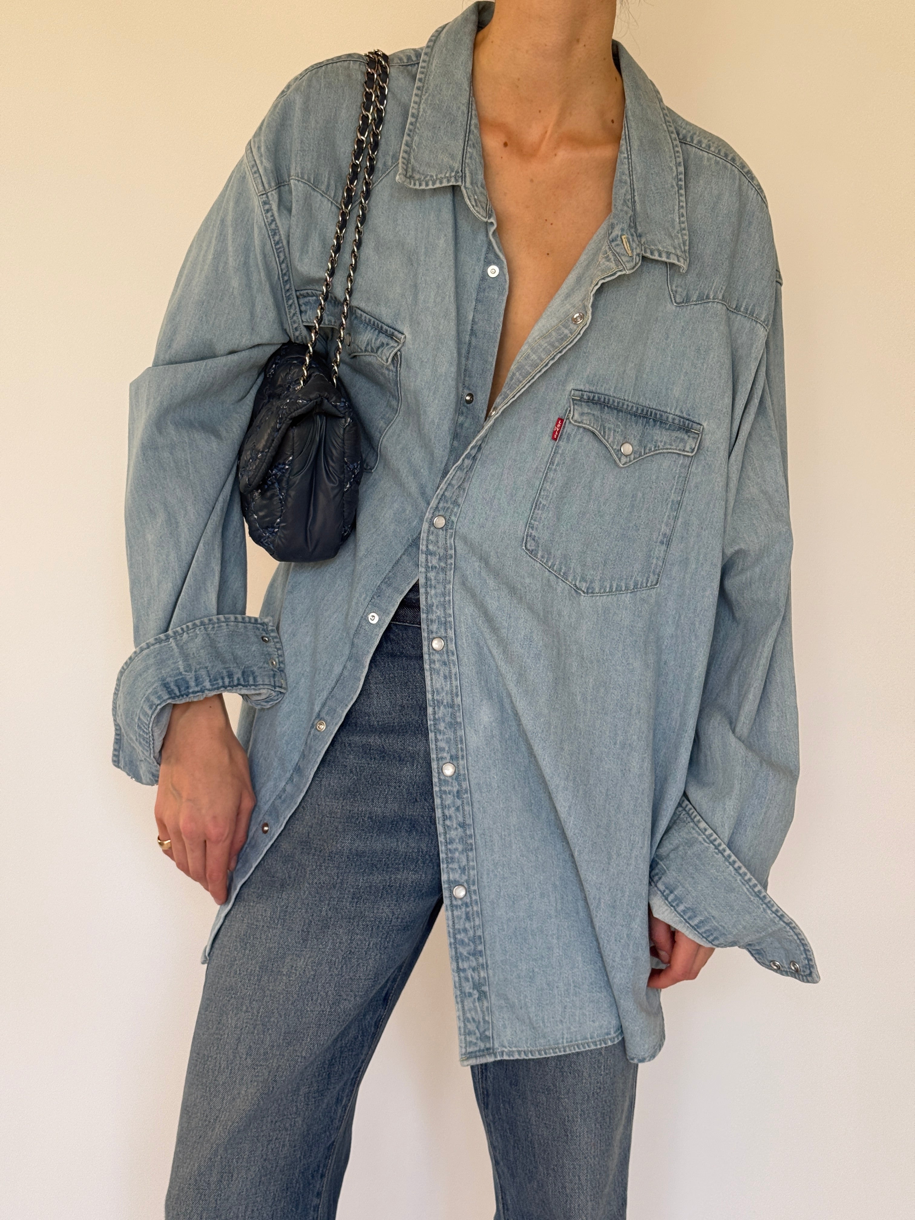 Vintage Levi’s denim shirt blue fabric close-up