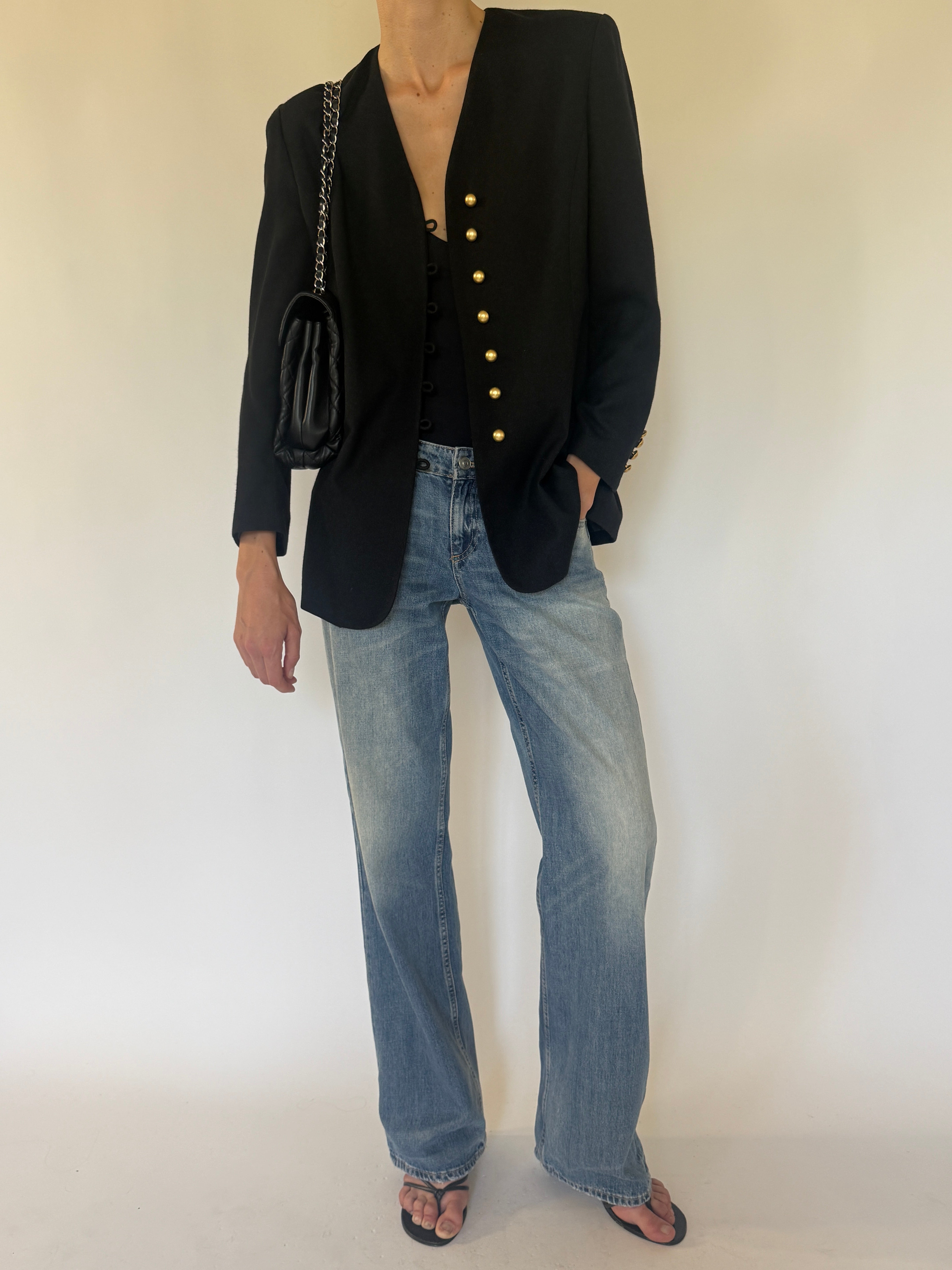 Vintage Adolfo black gold button blazer front view.