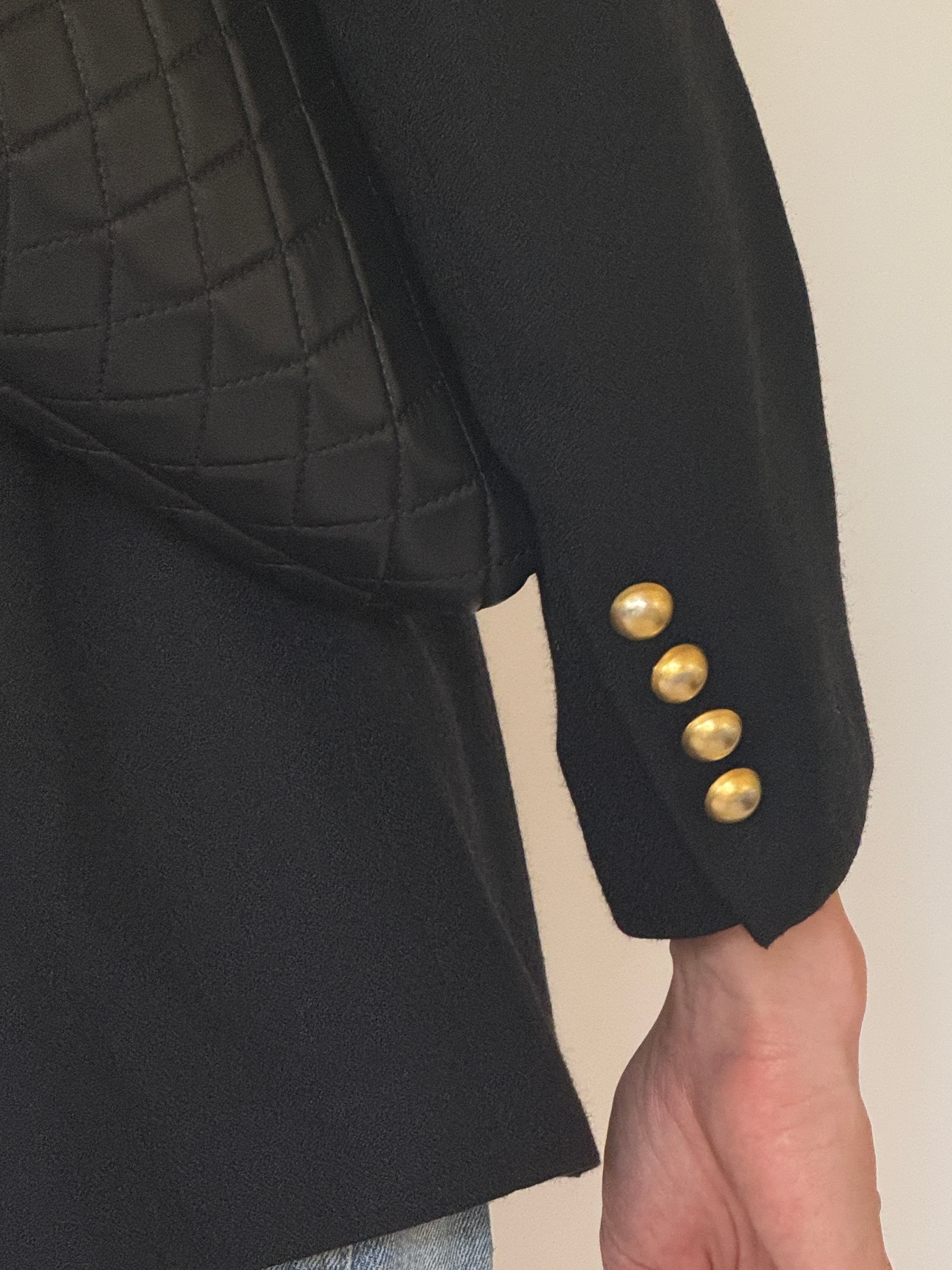 Vintage Adolfo black gold button blazer gold button cuff detail.