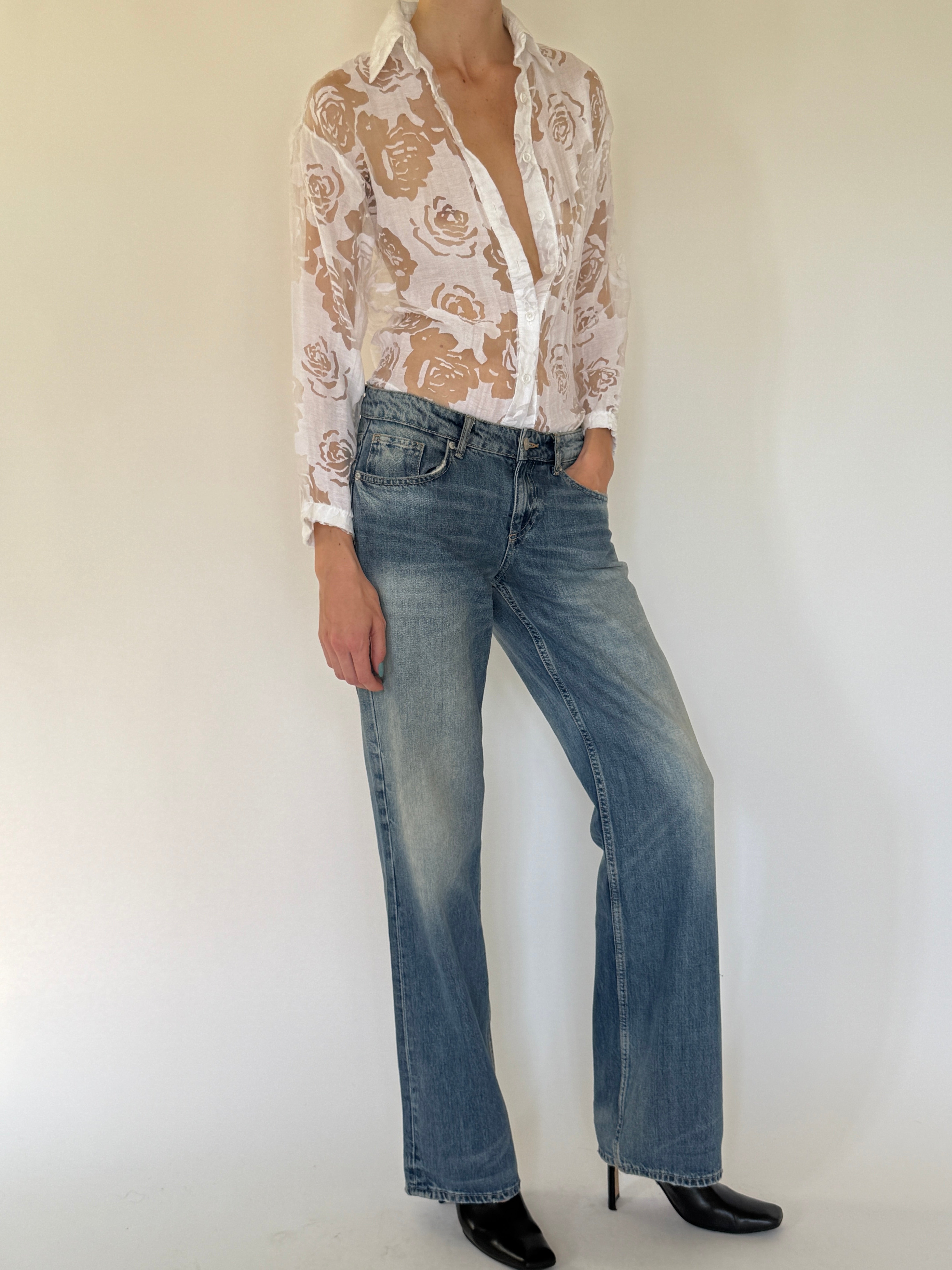 Vintage sheer floral shirt angled view