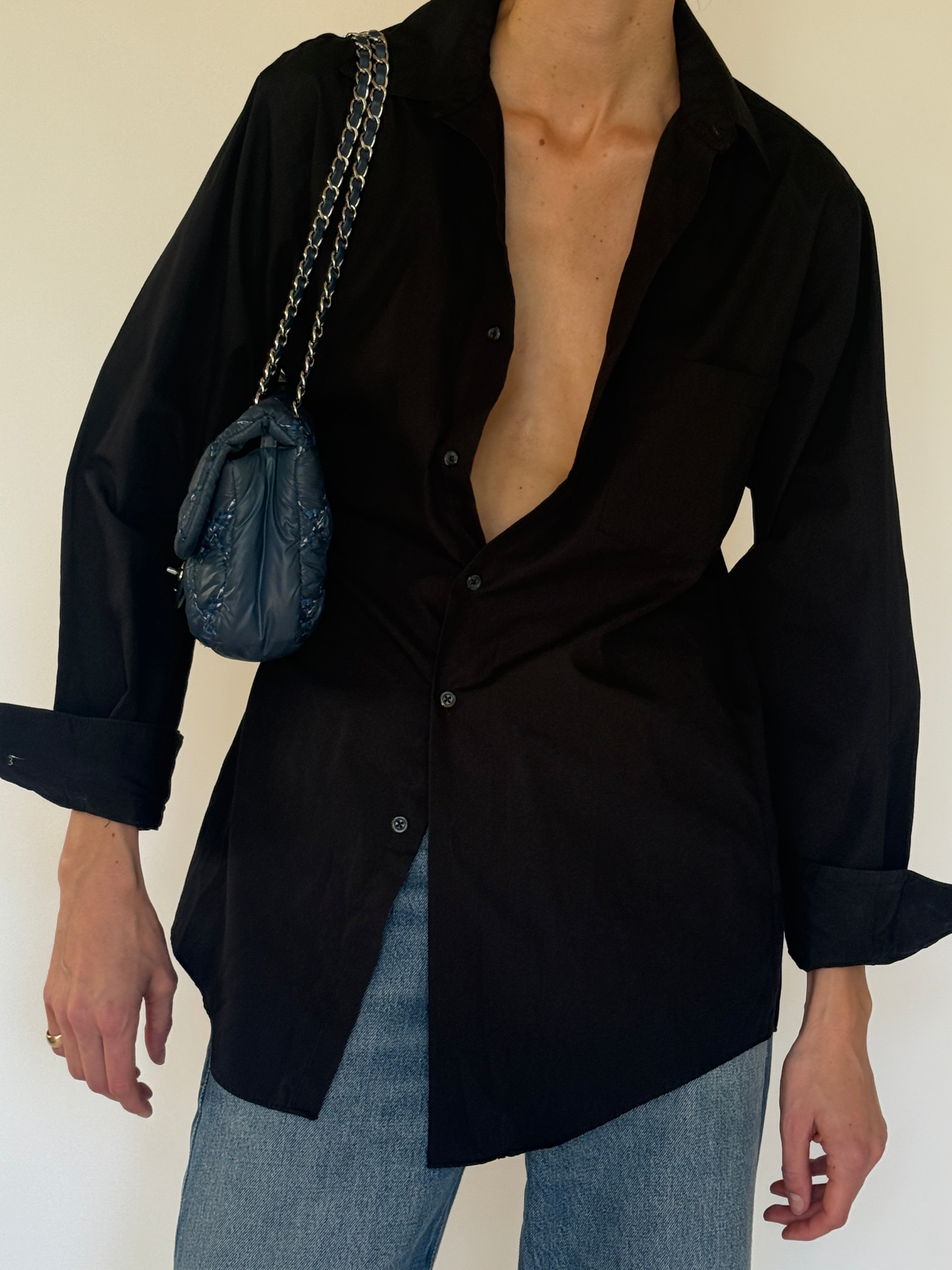 Vintage classic black button-up shirt front view