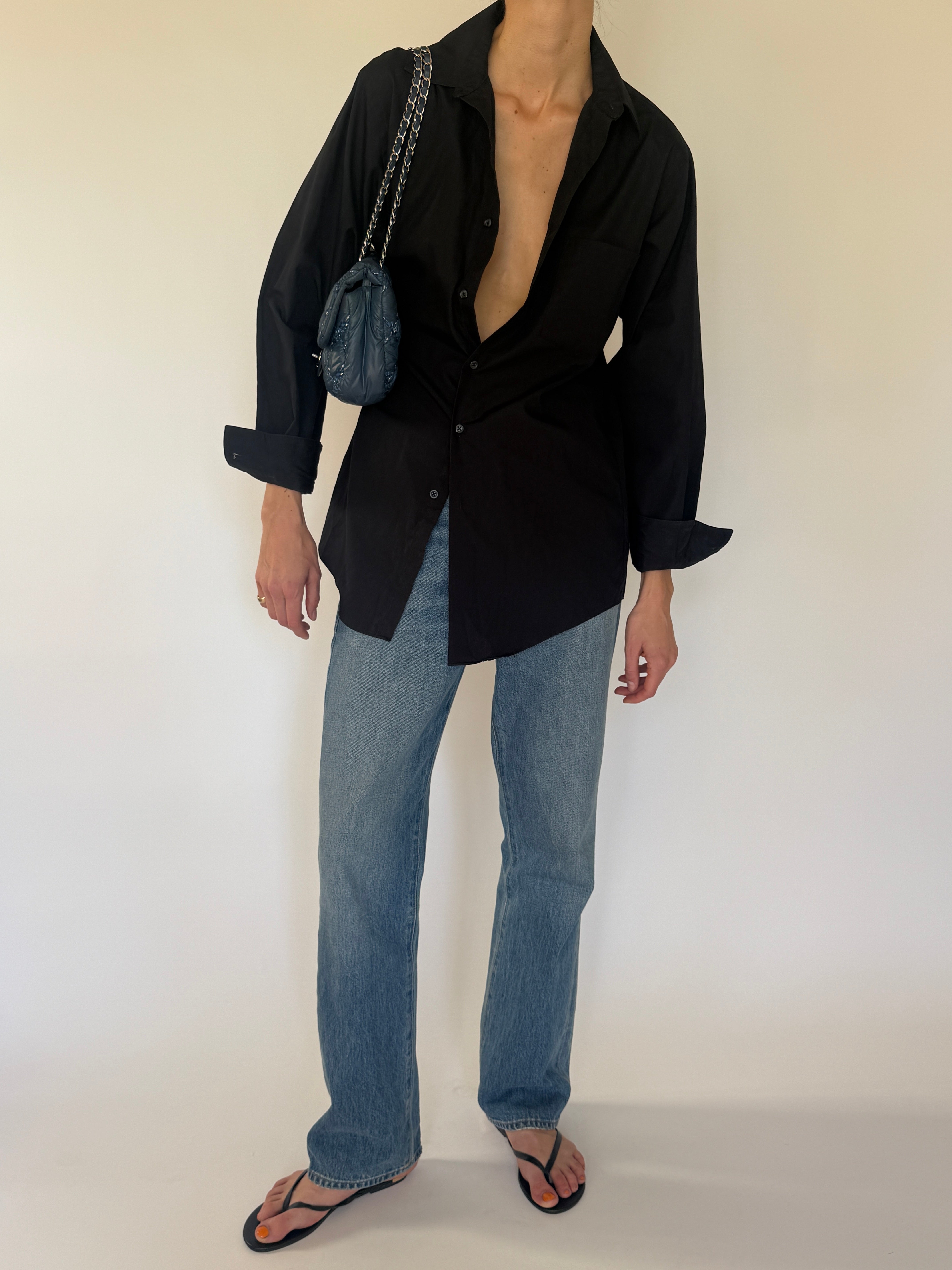 Vintage classic black button-up shirt front view