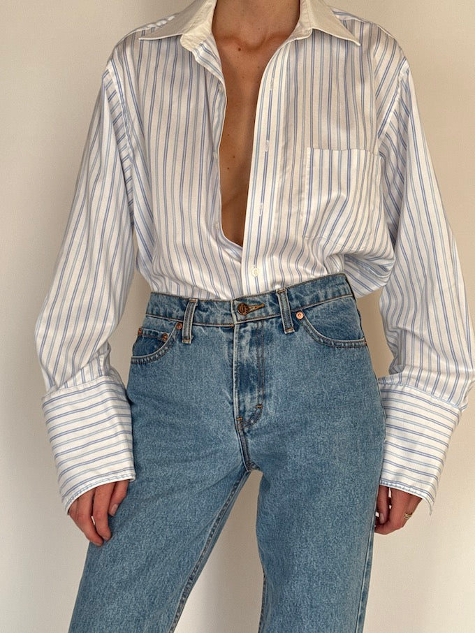 Vintage striped oversized shirt in white and blue 6299