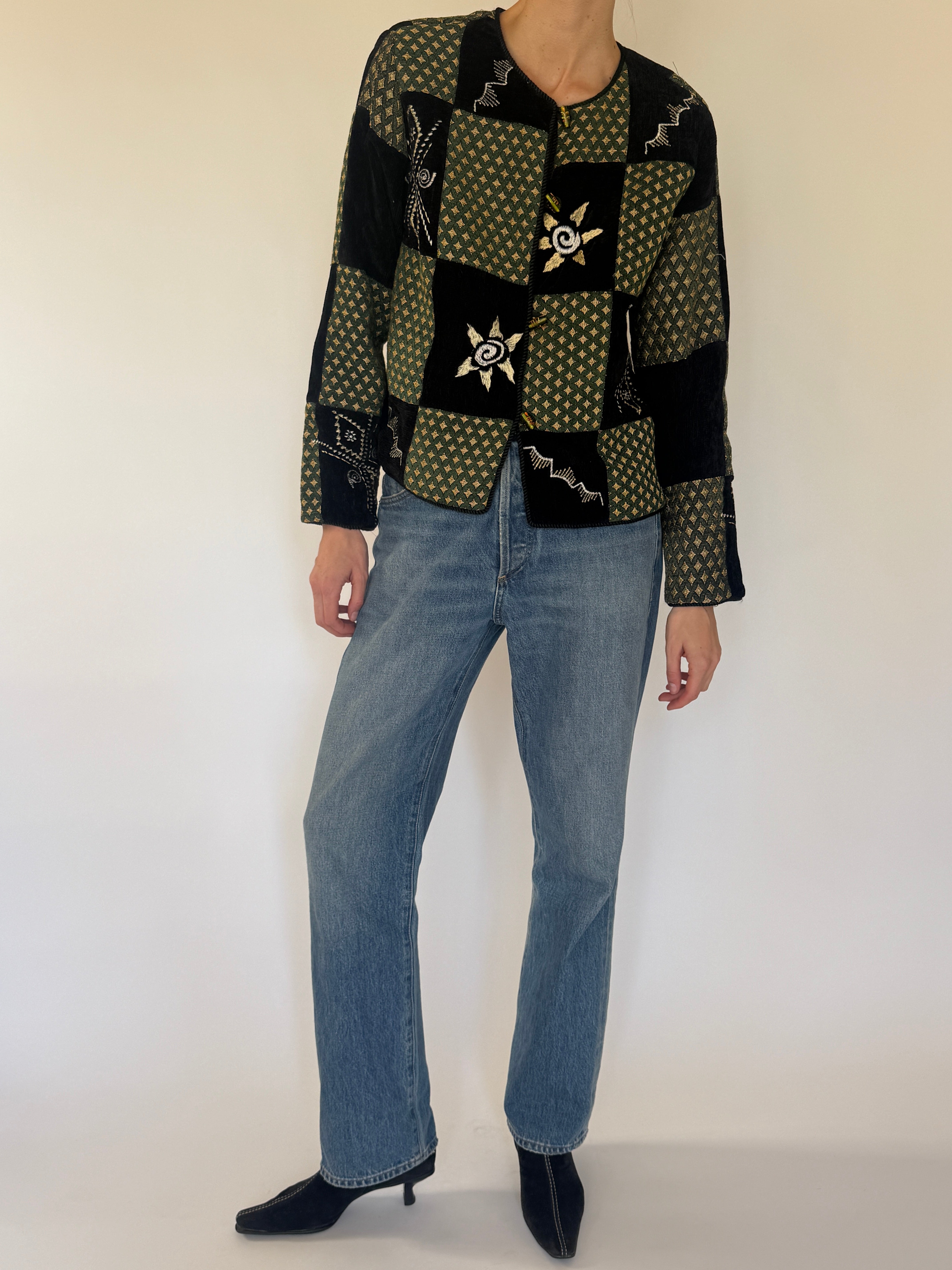 Vintage green patchwork embroidered jacket front view