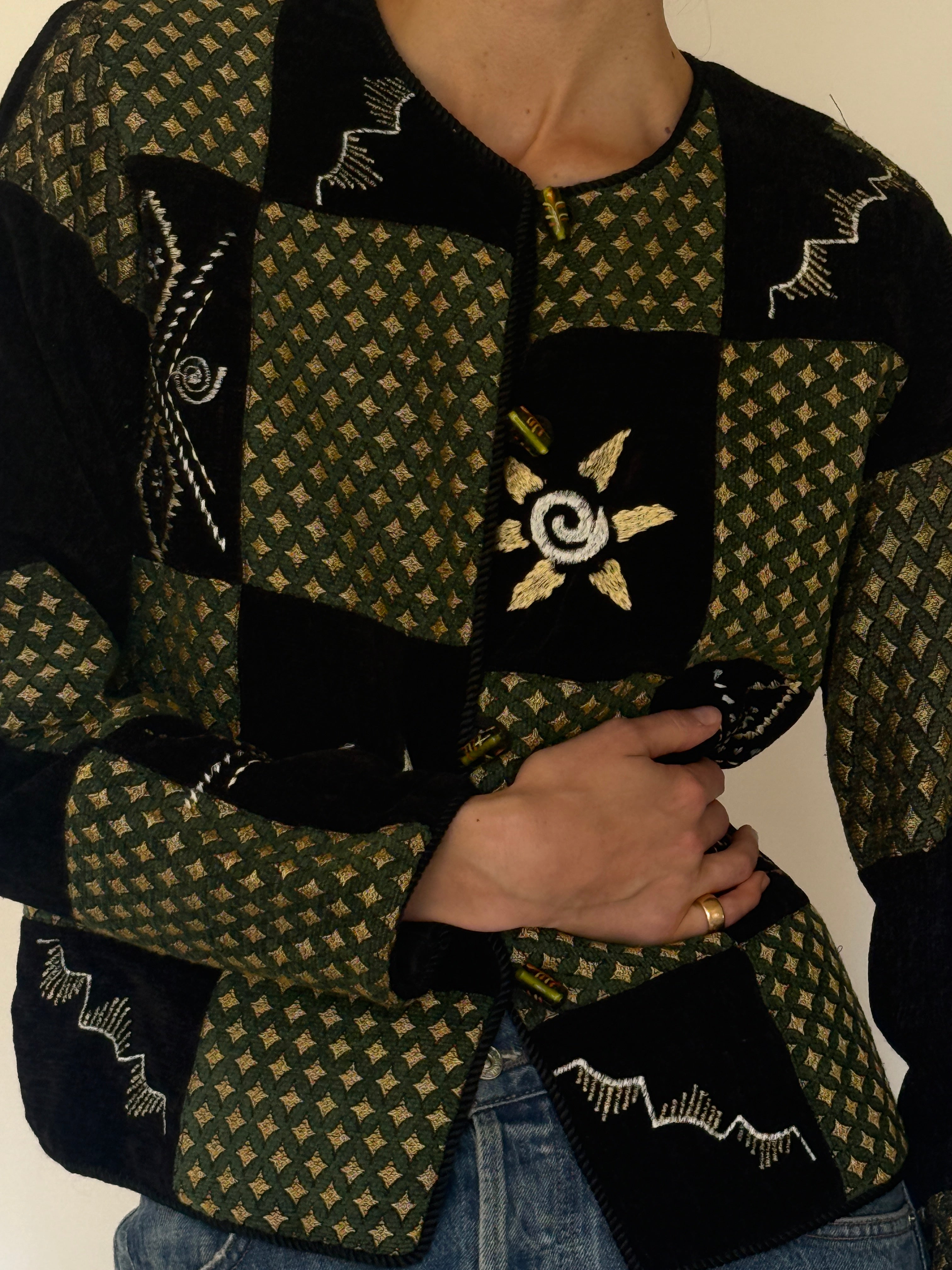Vintage green patchwork embroidered jacket front view