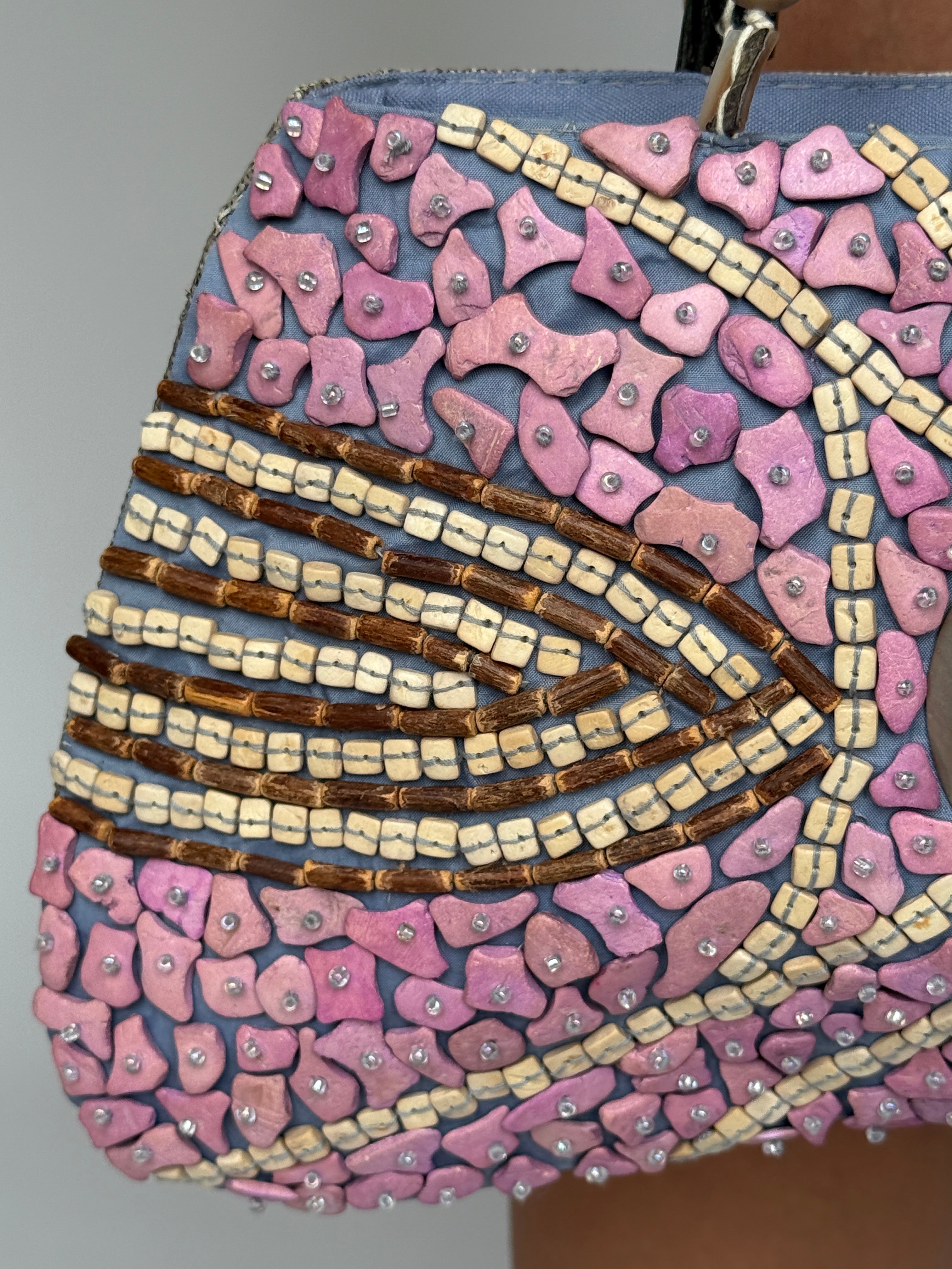 Vintage pink and blue beaded mosaic shell handbag side view