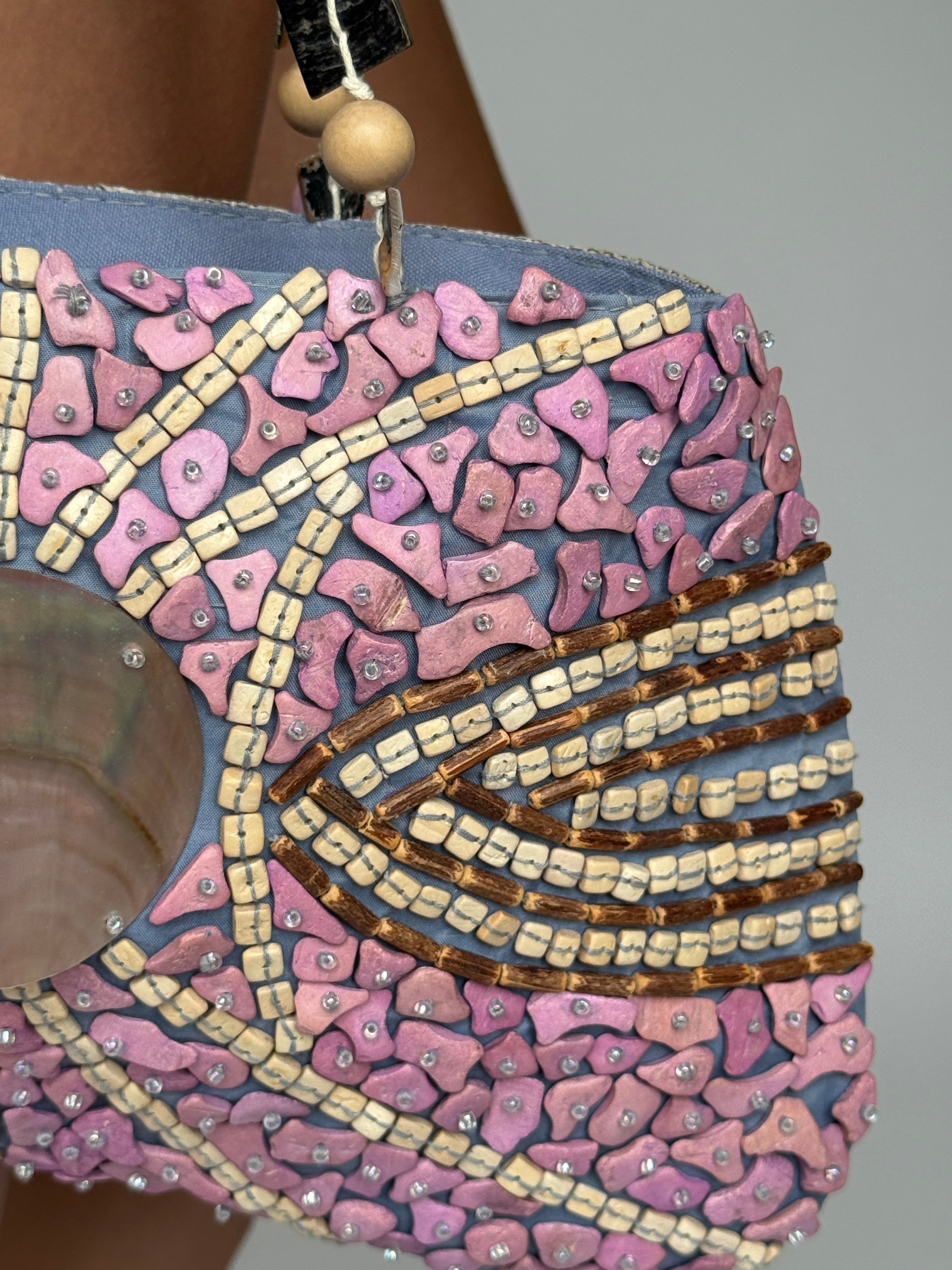 Vintage pink and blue beaded mosaic shell handbag side view