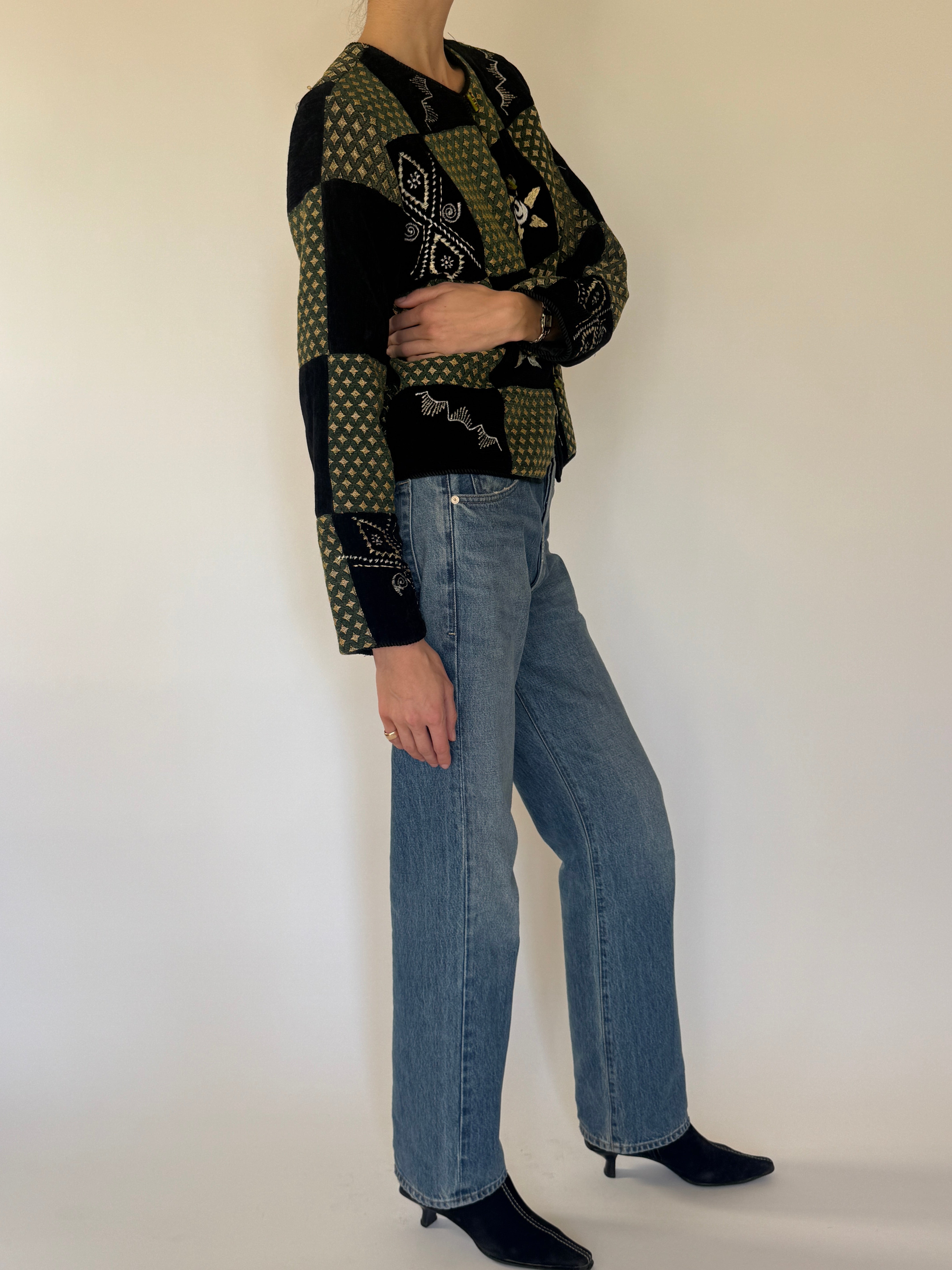Vintage green patchwork embroidered jacket side view