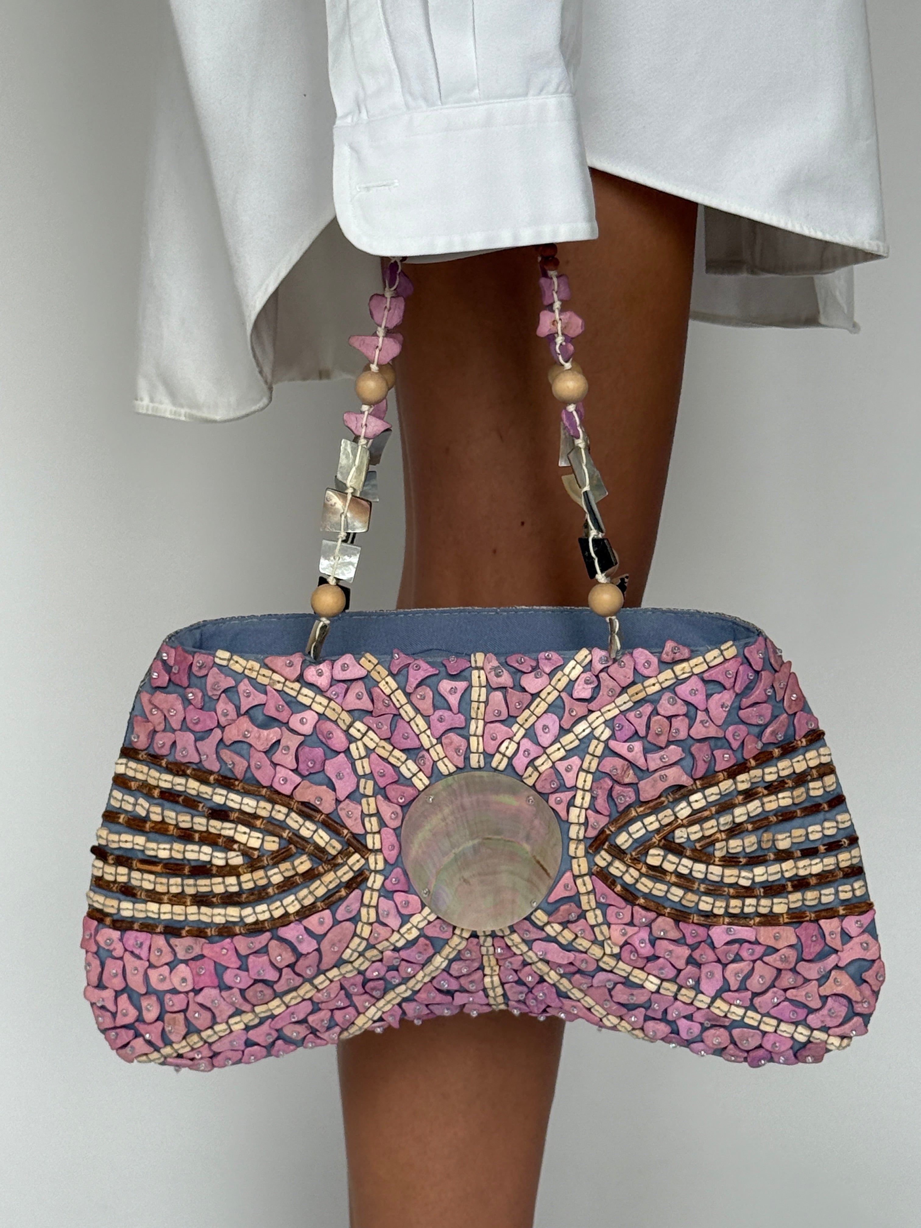 Vintage pink mosaic bead detail on shell statement handbag