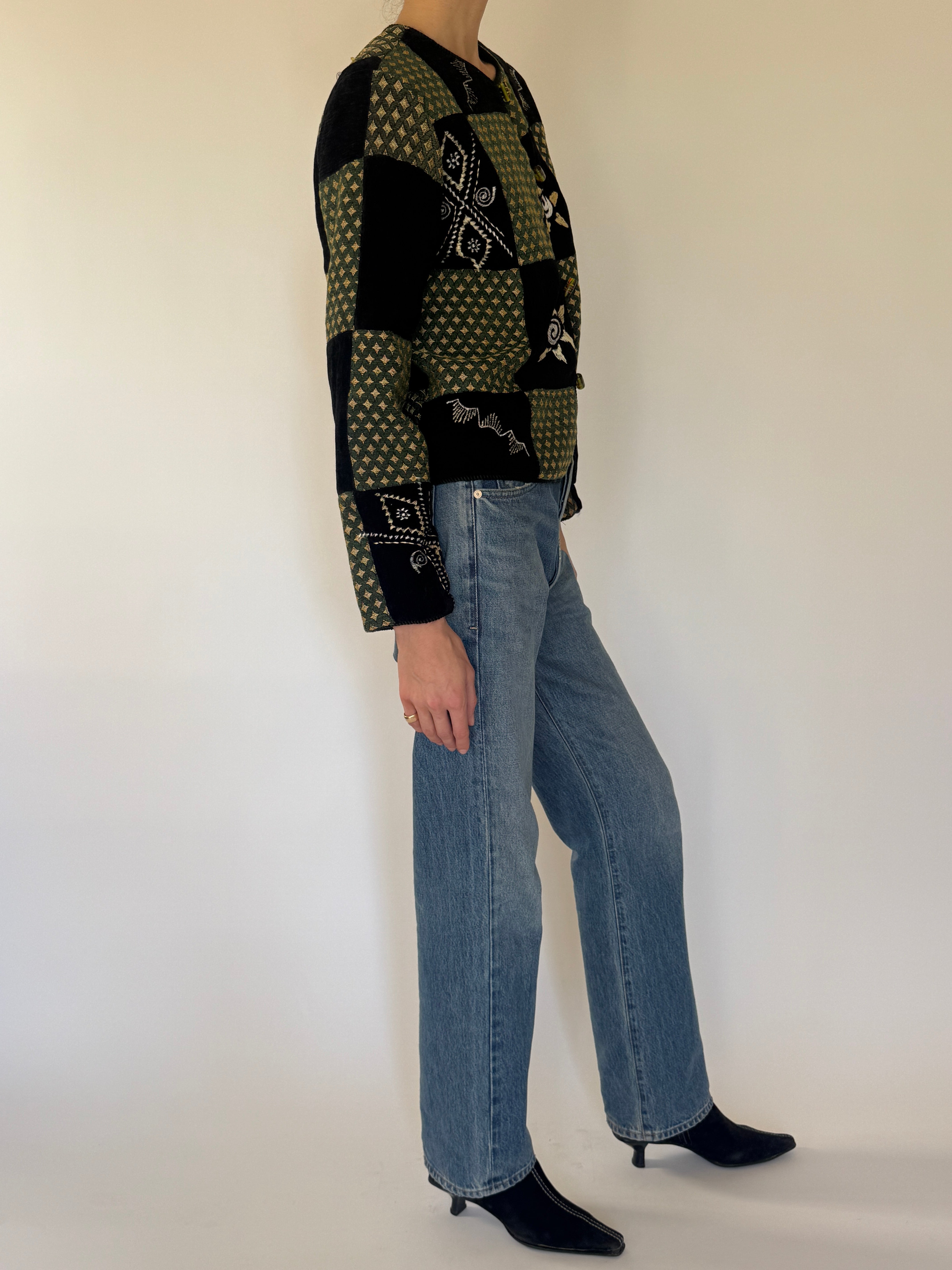 Vintage green patchwork embroidered jacket side view full body
