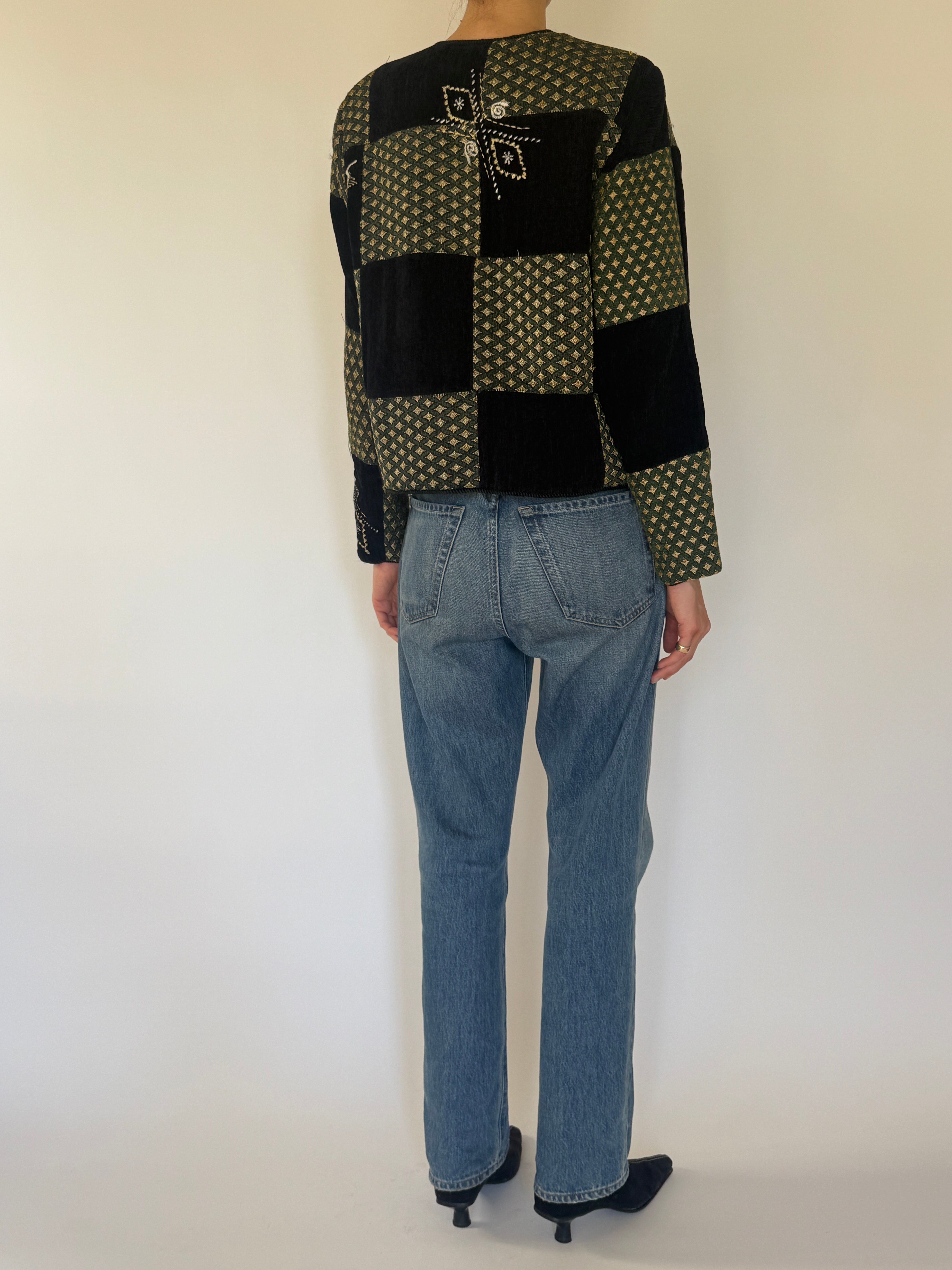 Vintage green patchwork embroidered jacket back view