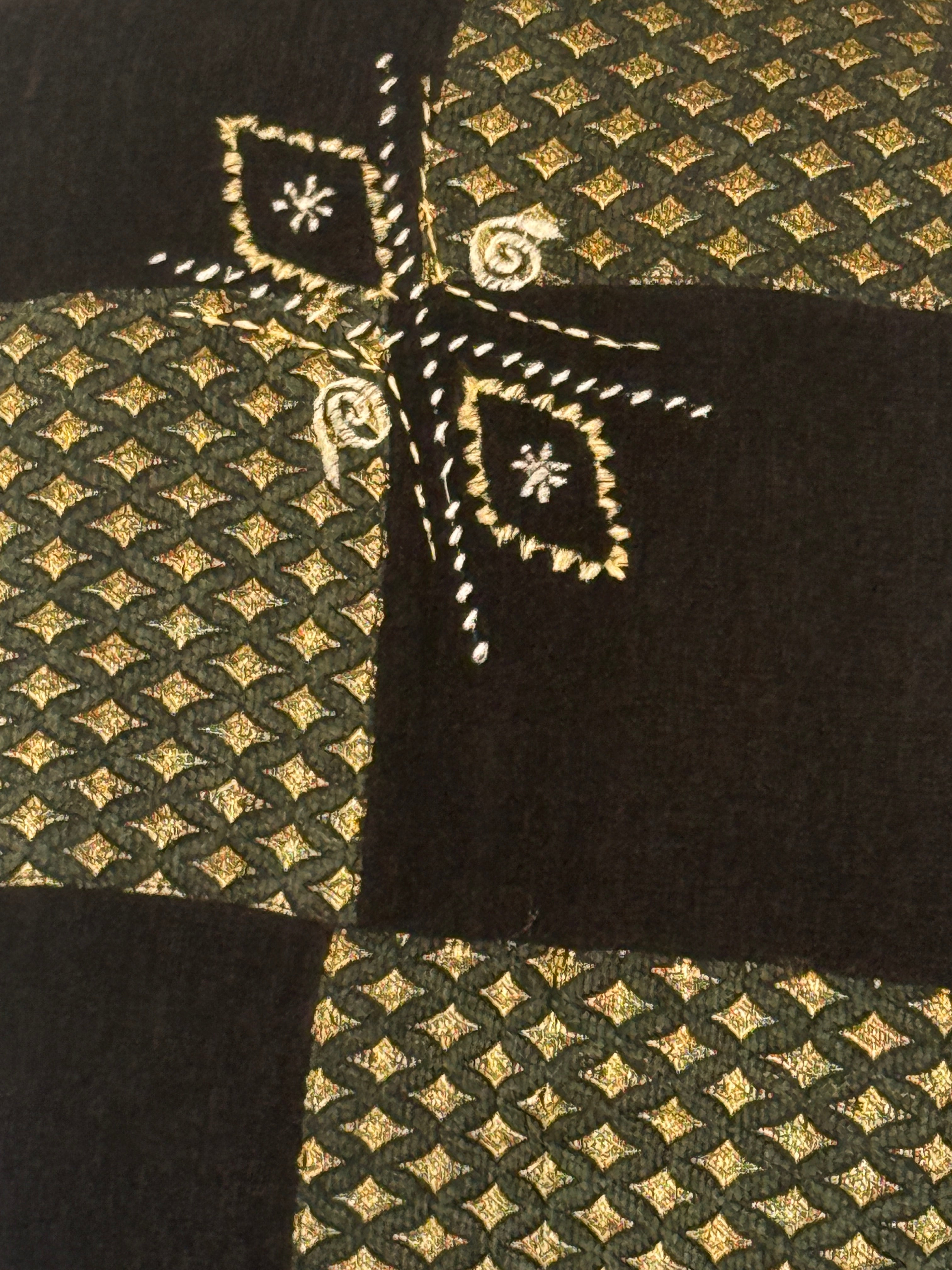 Vintage green patchwork jacket fabric texture close-up