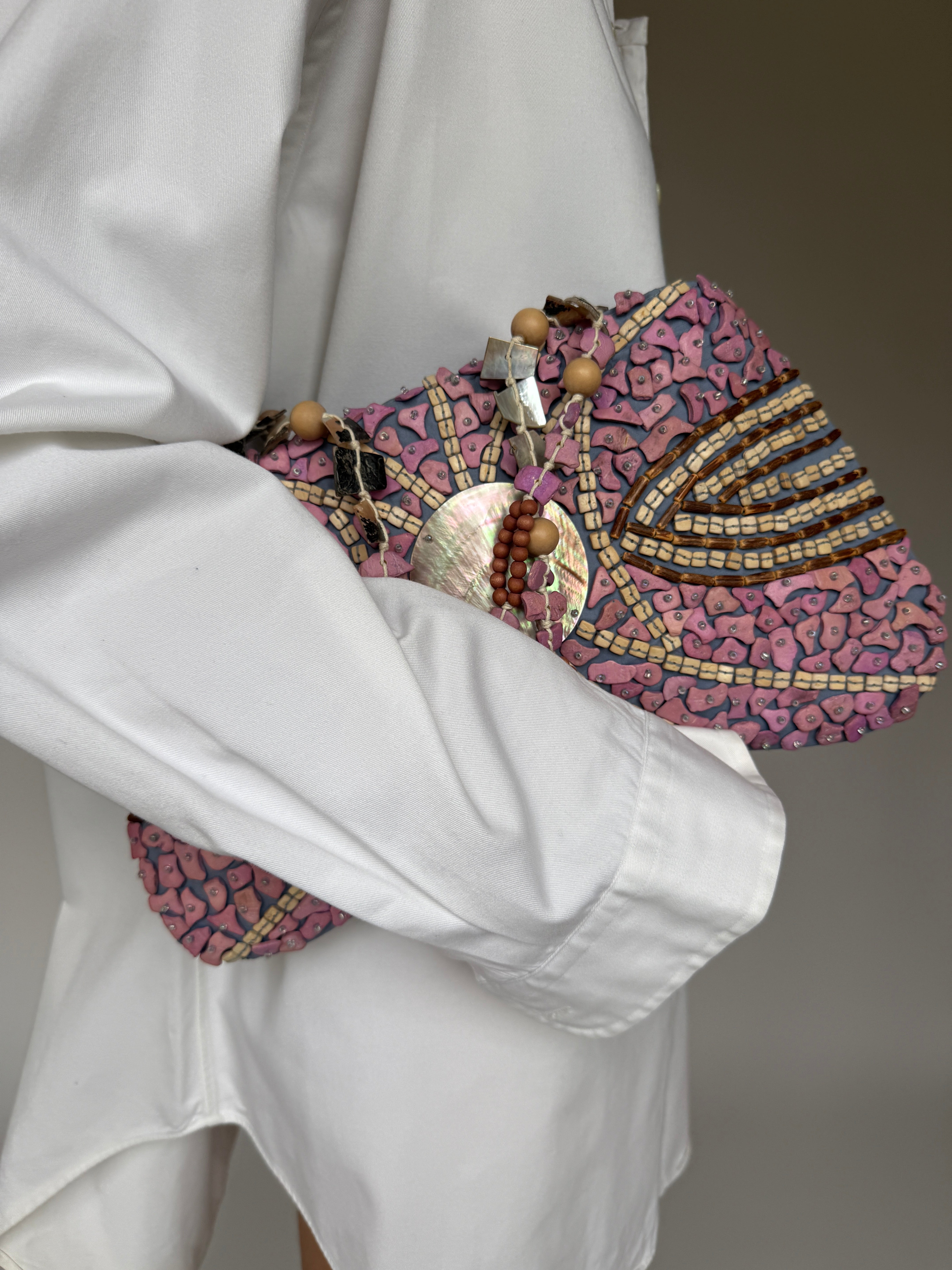 Vintage pink and blue beaded mosaic shell handbag front view