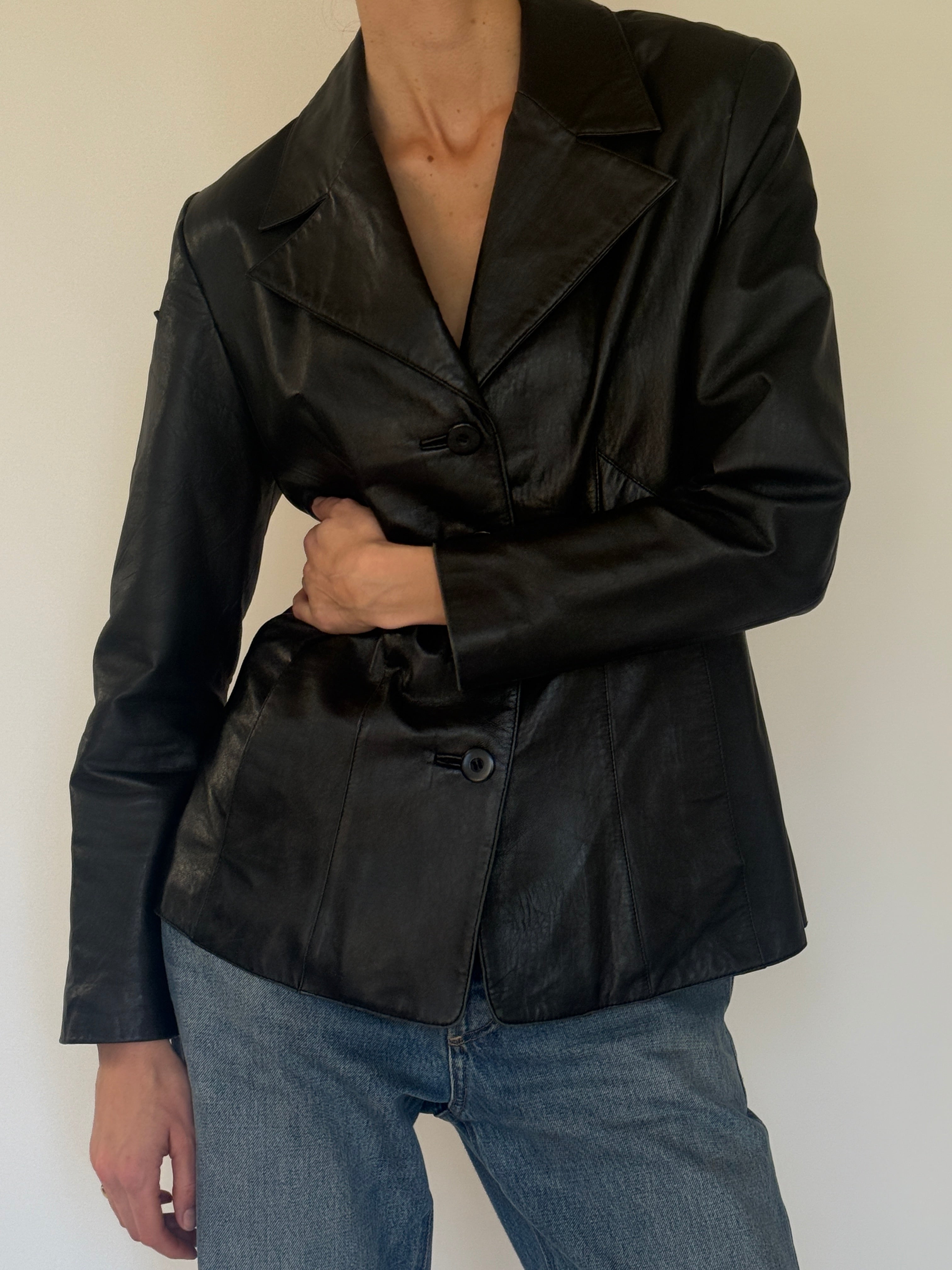 Vintage black leather blazer front view