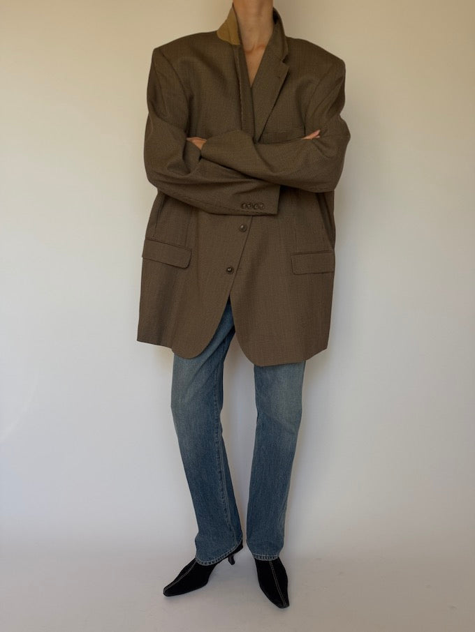 Vintage Oversized Houndstooth Wool Blazer Beige 6586