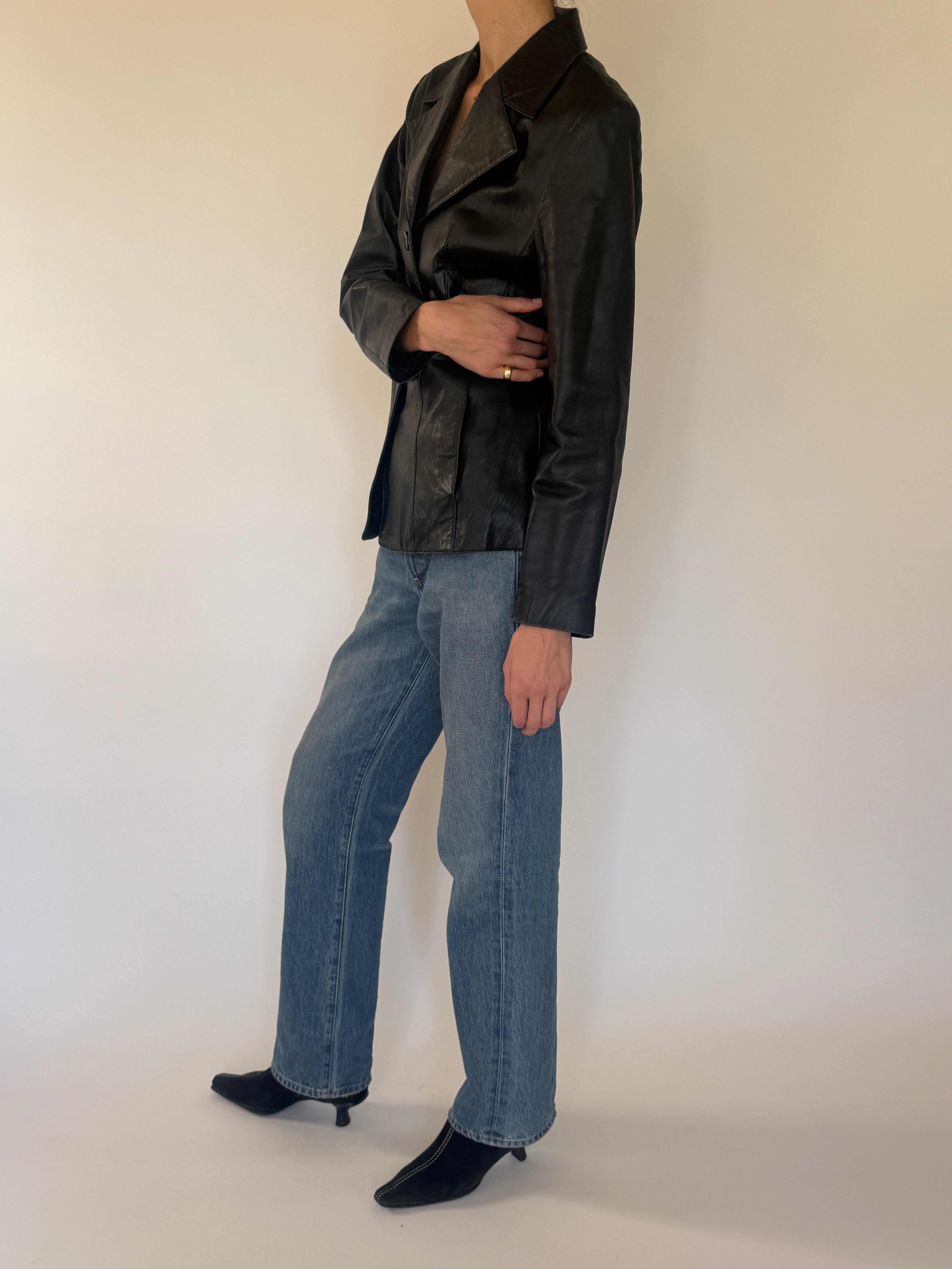 Vintage black leather blazer side view