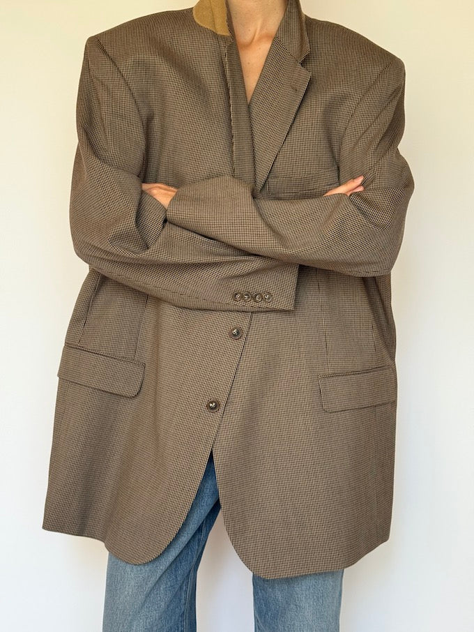 Vintage Oversized Houndstooth Wool Blazer Beige 6586