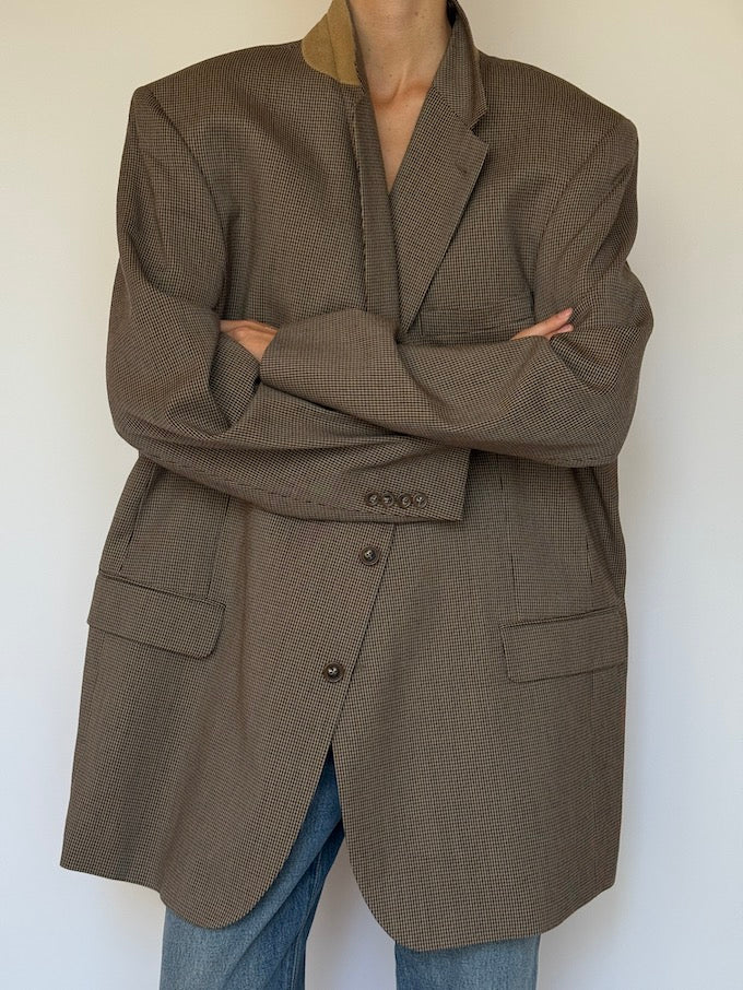 Vintage Oversized Houndstooth Wool Blazer Beige 6586