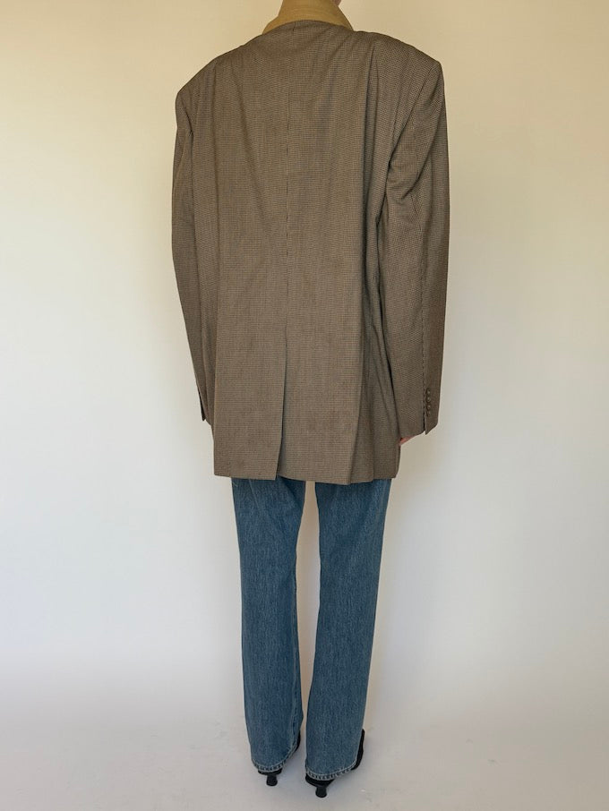 Vintage Oversized Houndstooth Wool Blazer Beige 6586