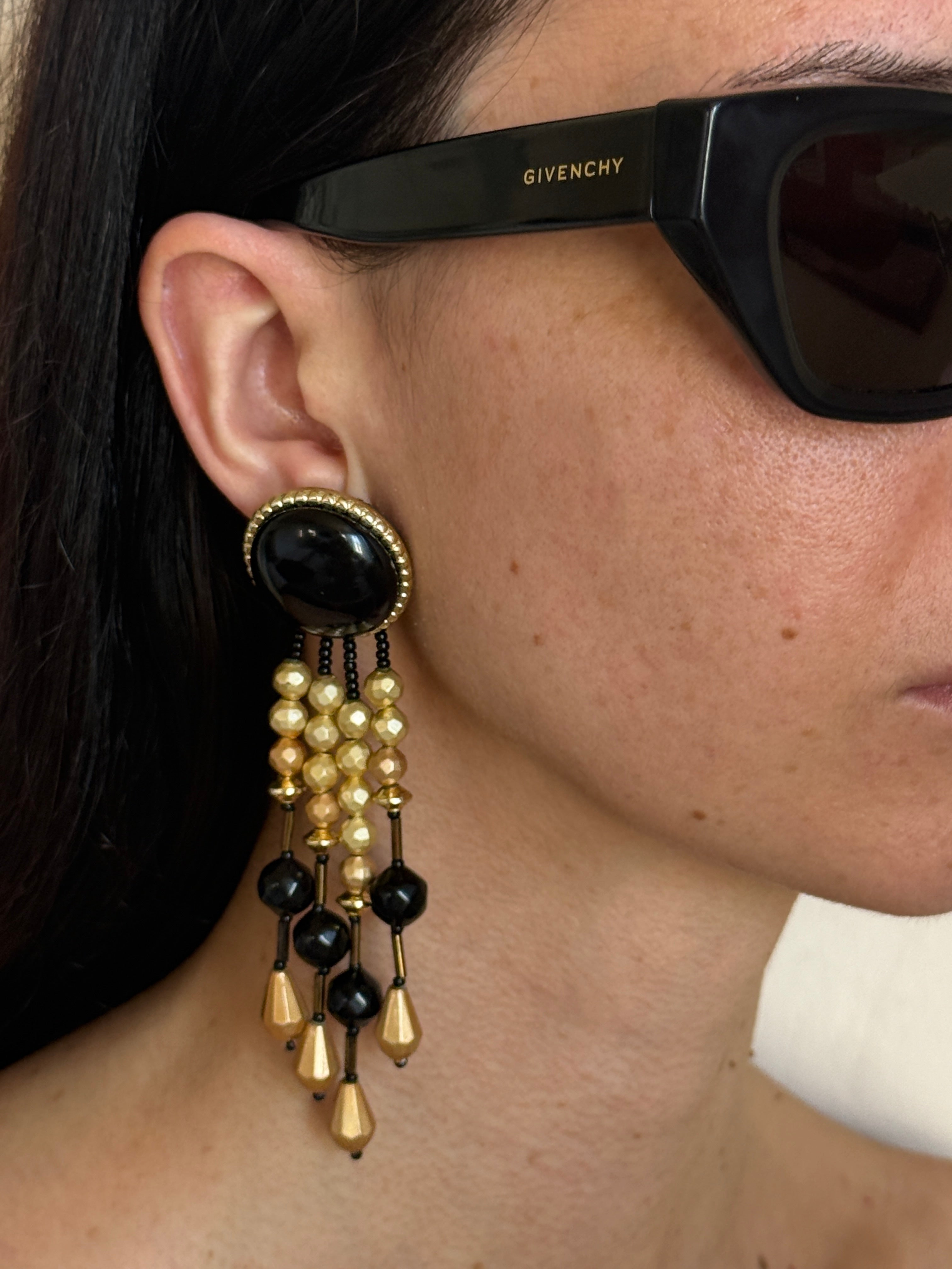 Vintage Beaded Drop Earrings Black Gold