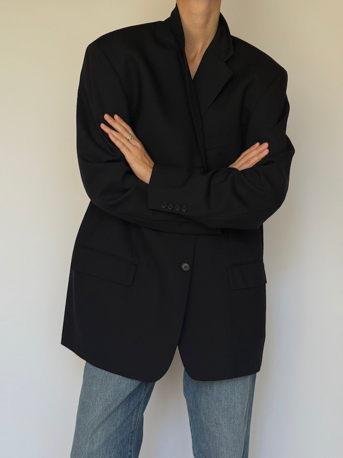 Vintage Single-Breasted Wool Blazer Black 6587