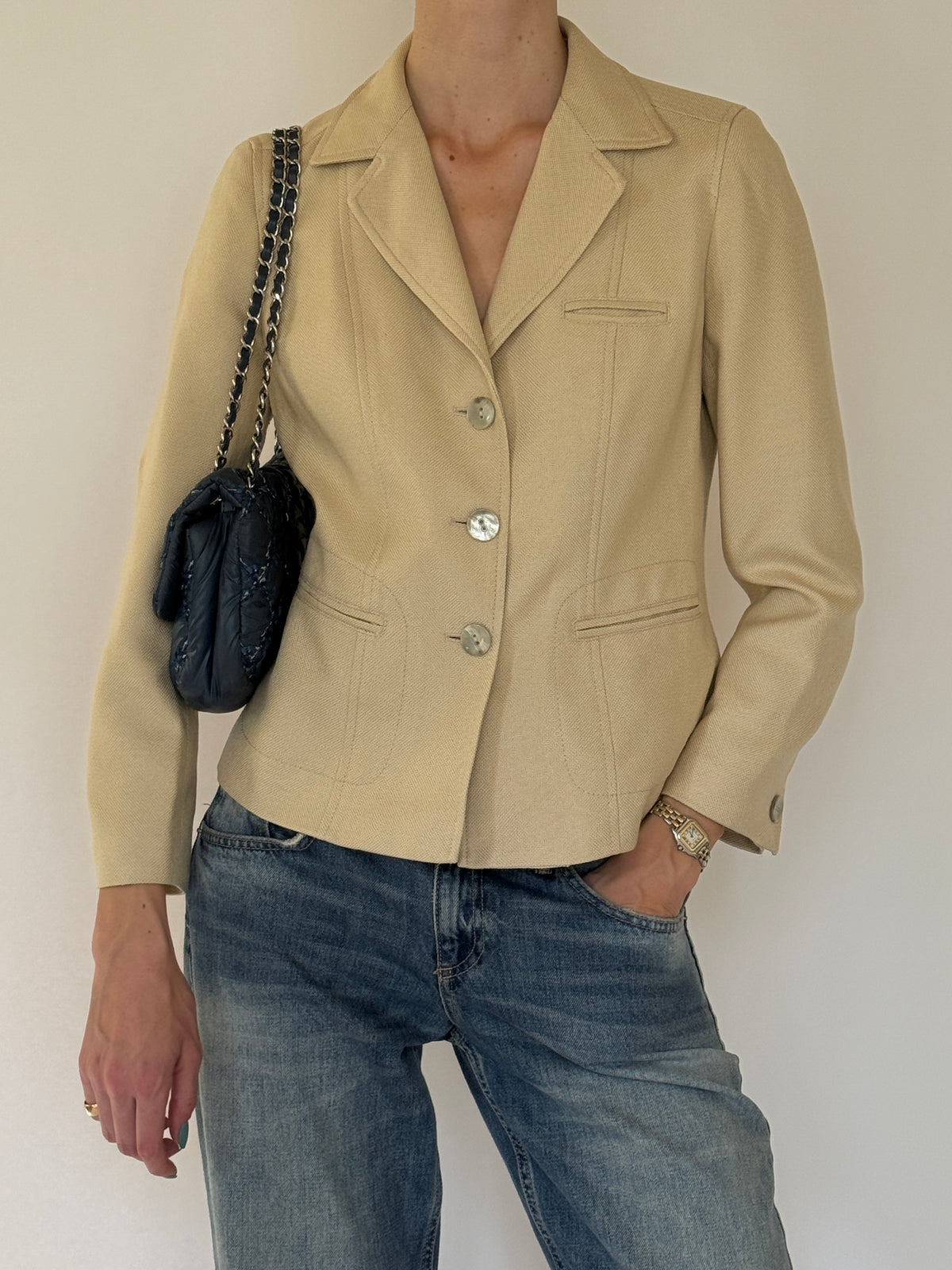 Vintage beige structured blazer front view