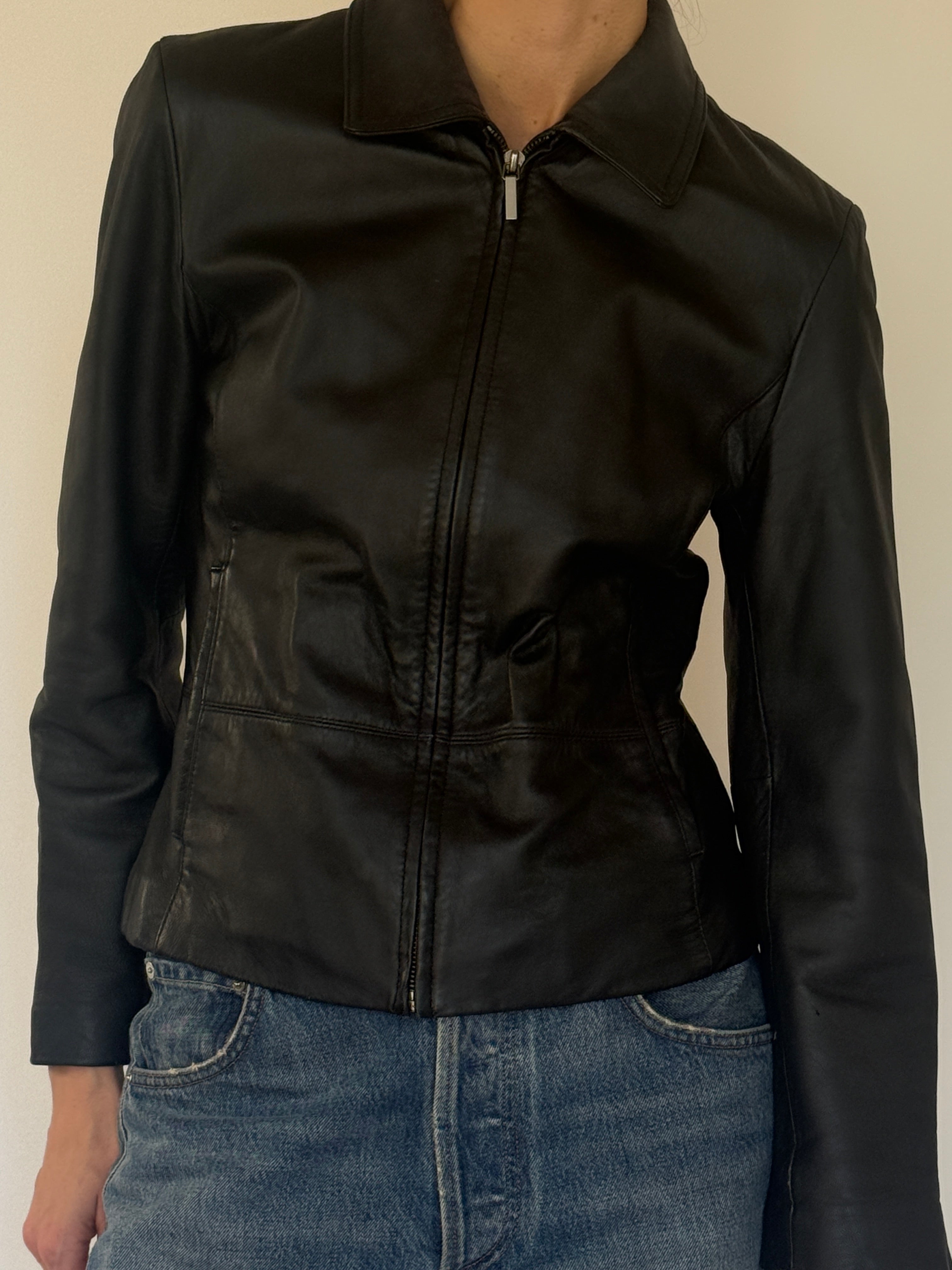Vintage black leather jacket front view