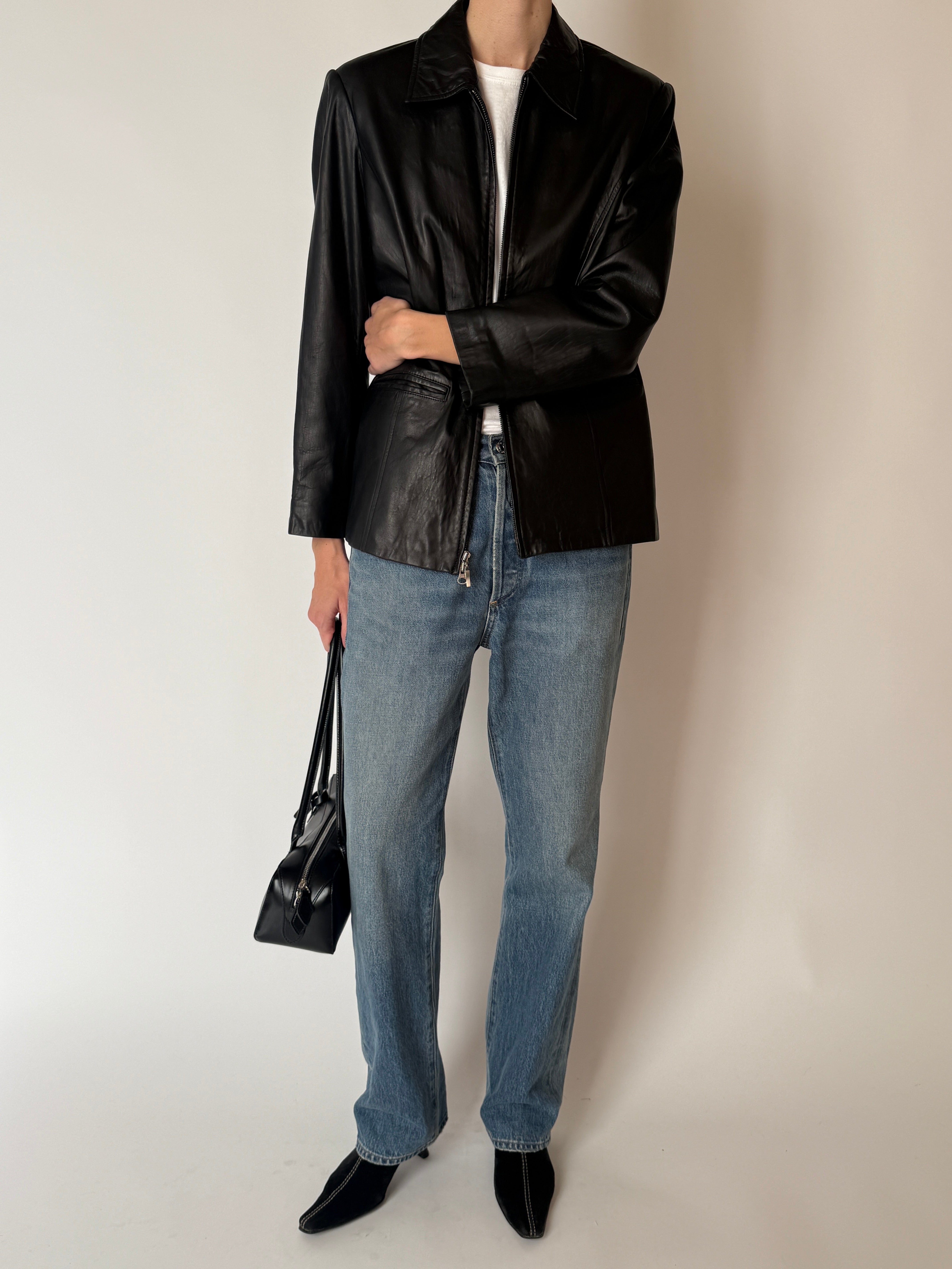 Vintage black leather zip jacket front view