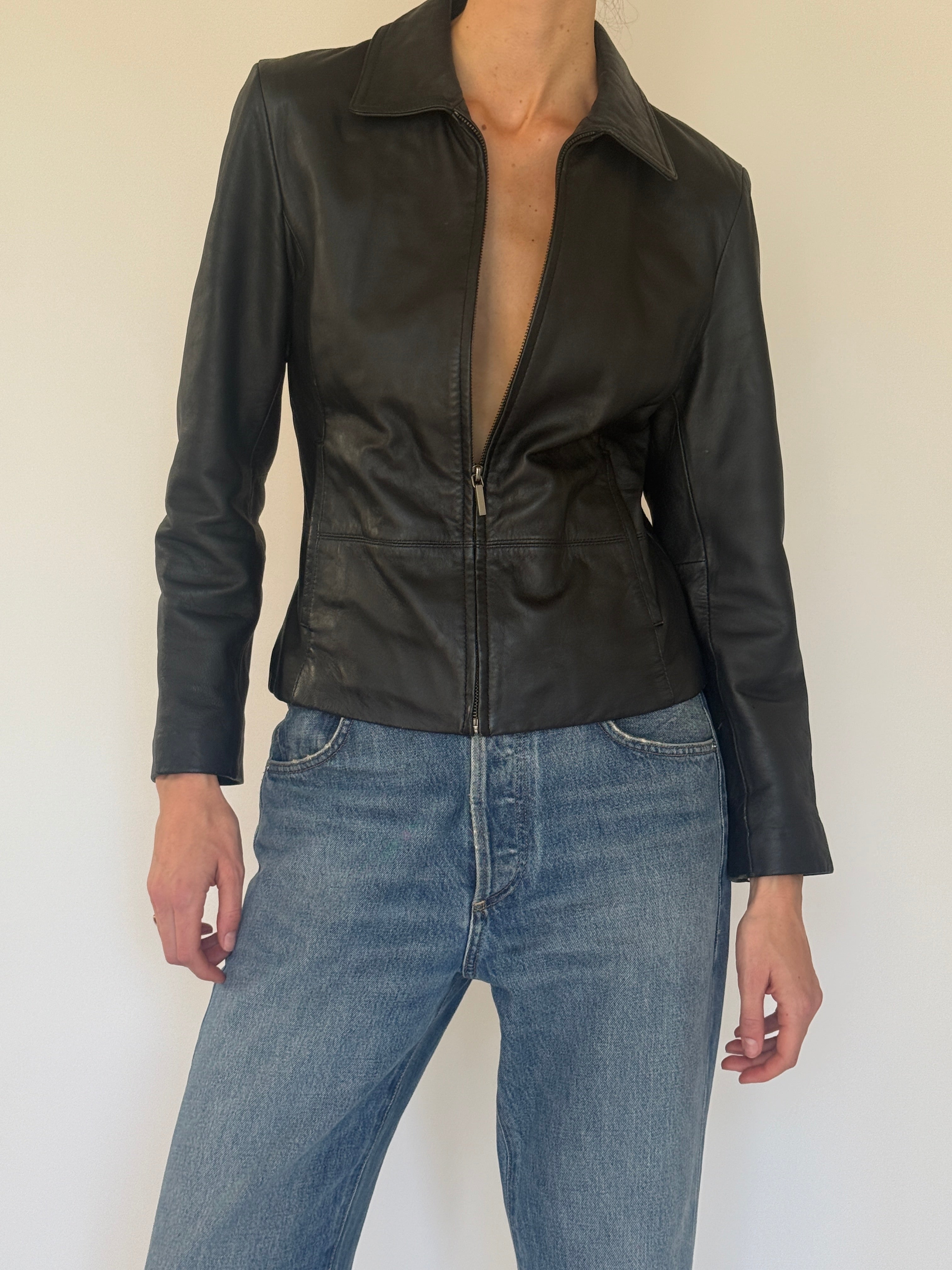 Vintage black leather jacket front view