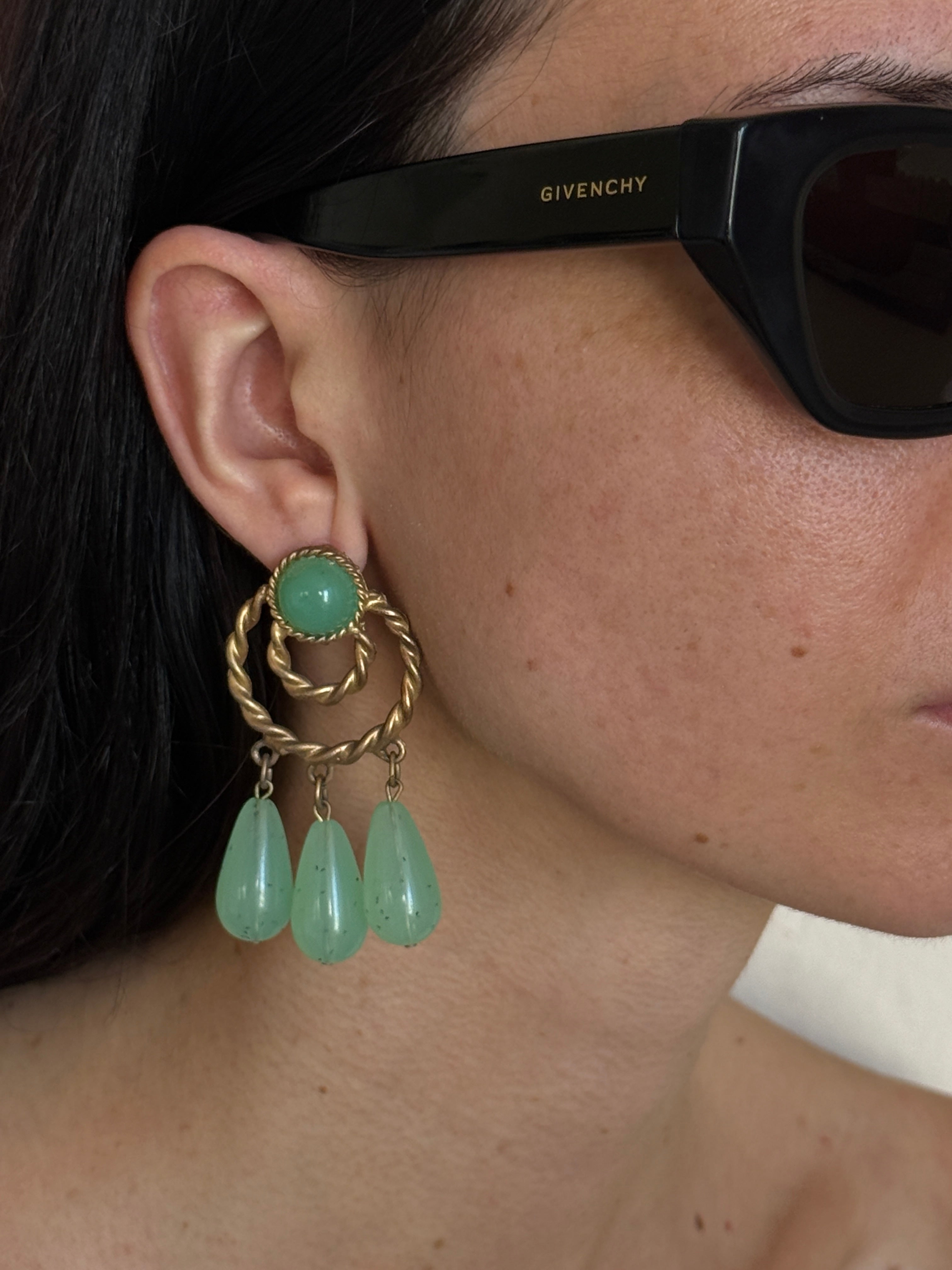 Vintage gold-tone mint green statement drop earrings front view