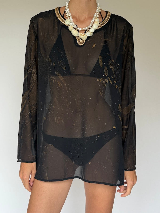 Vintage Sheer Black and Gold Swim Cover-Up