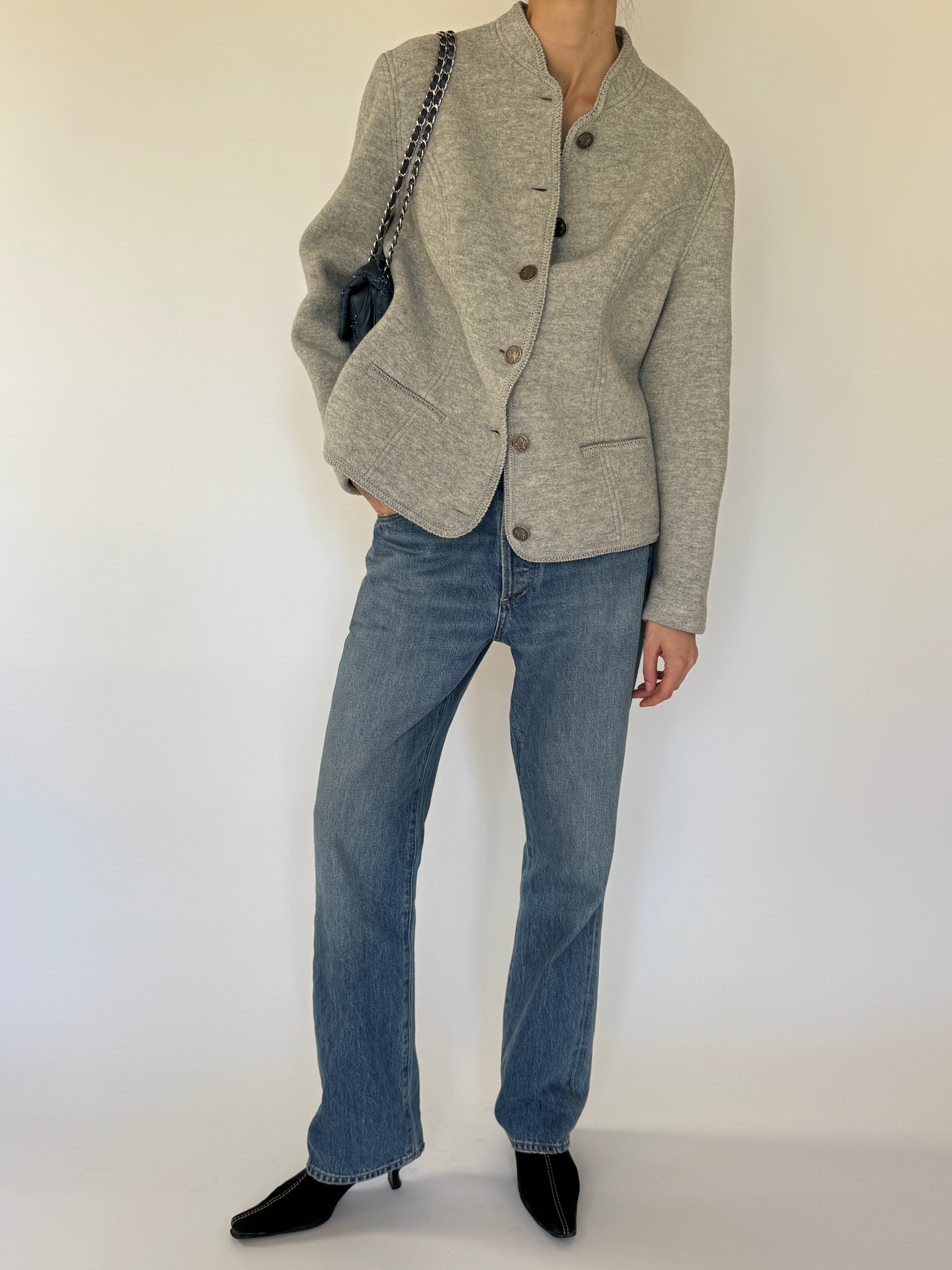 Vintage gray wool buttoned jacket front view