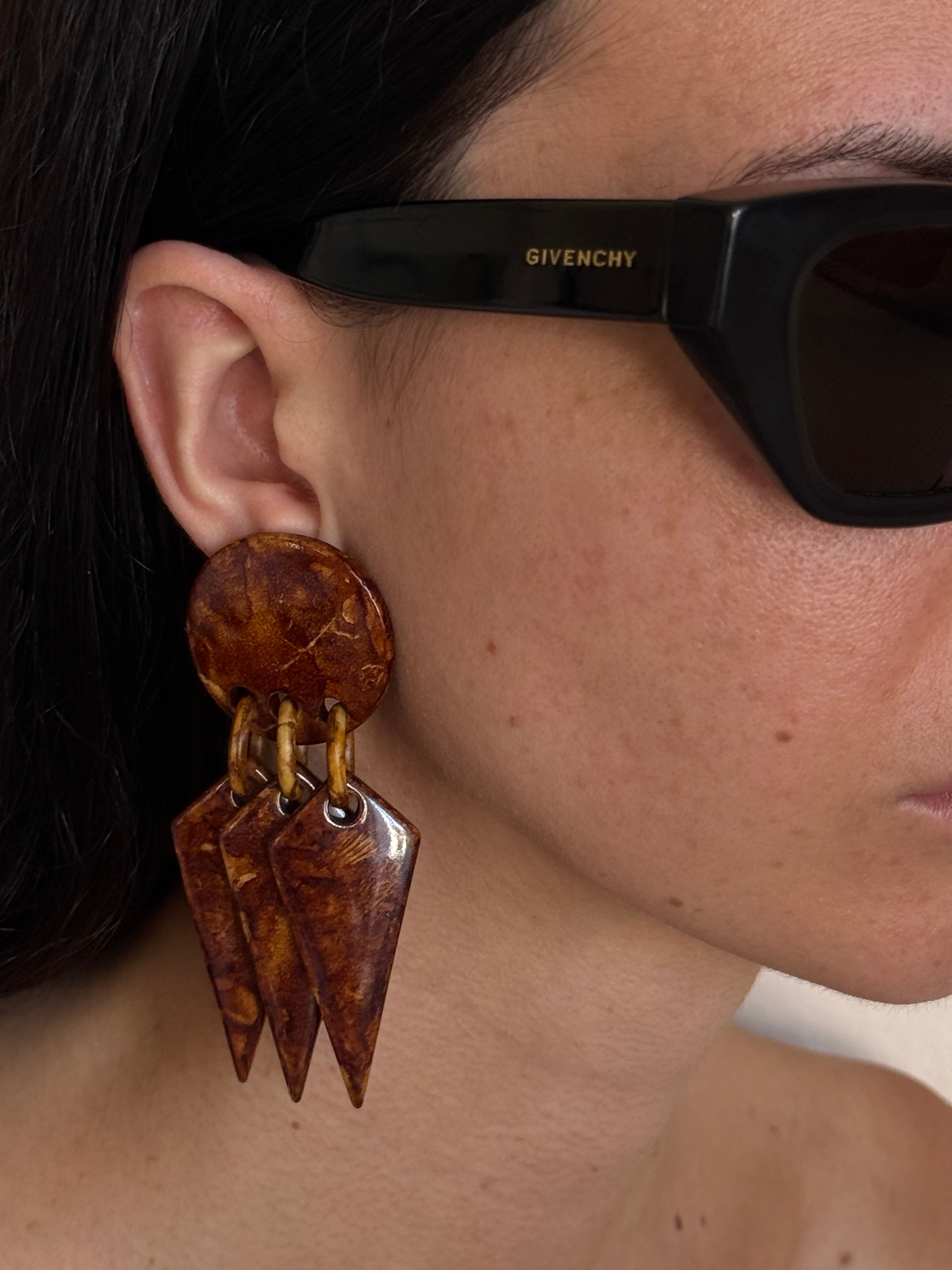 Vintage Marbled Brown Geometric Drop Earrings