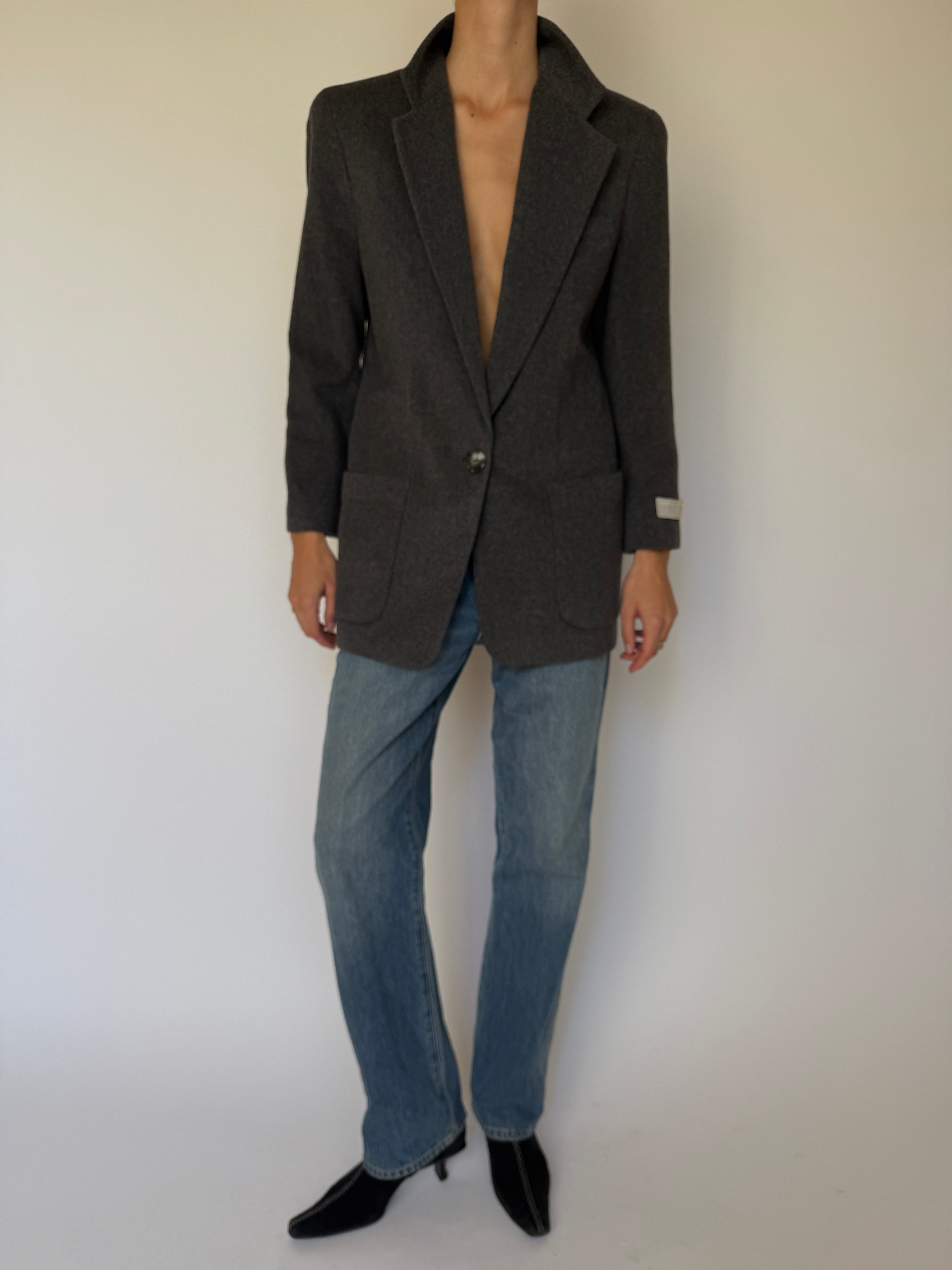 Vintage charcoal gray wool blazer with oversized fit and single-button closure