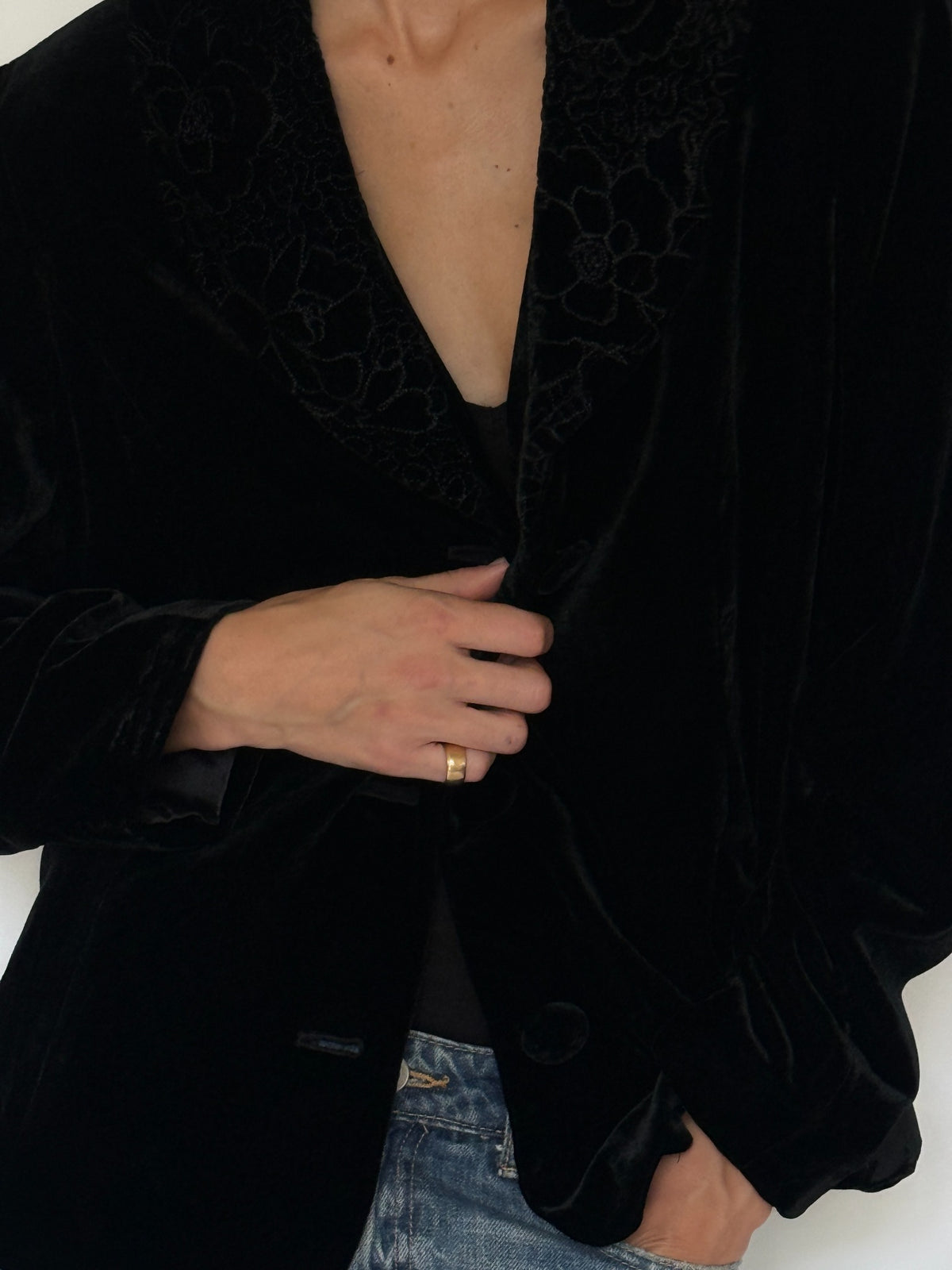 Vintage black velvet blazer floral lapel detail