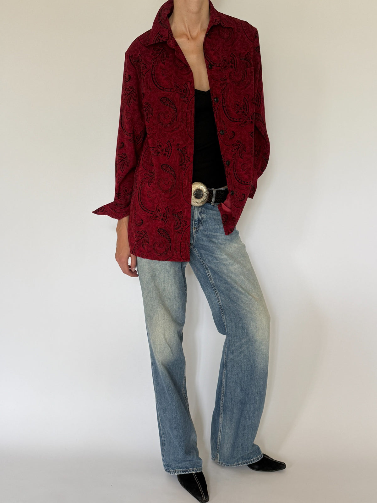 Vintage burgundy paisley shirt front view