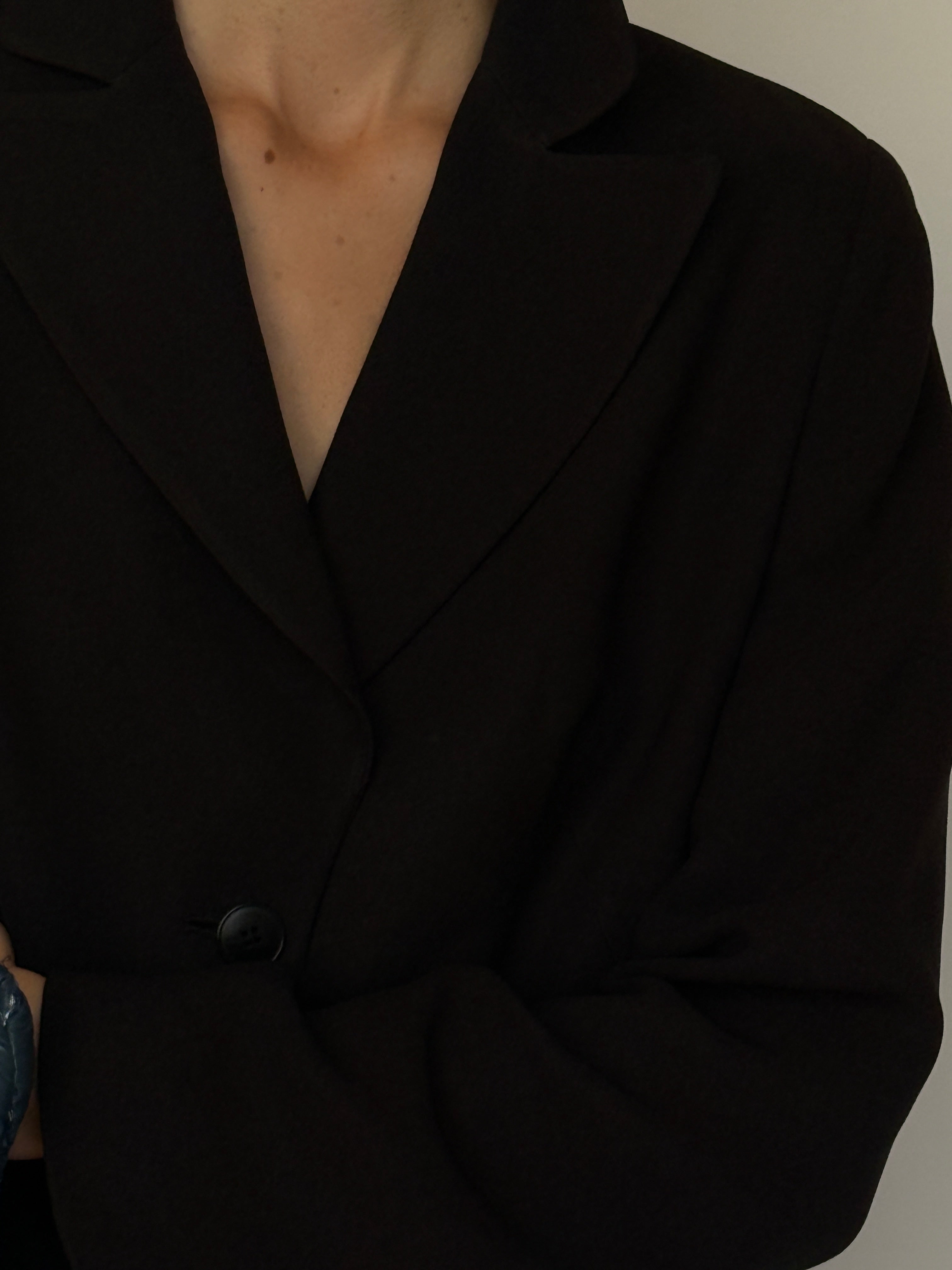 Close-up of lapel detail on vintage black blazer